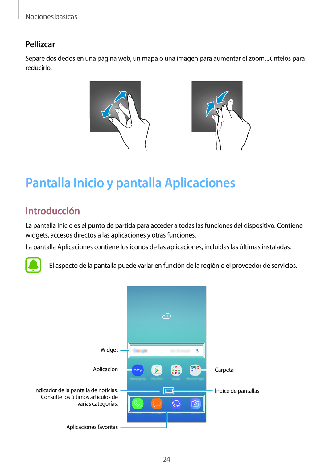 Samsung SM-J730FZKAATL, SM-J730FZSDPHE, SM-J730FZDDPHE Pantalla Inicio y pantalla Aplicaciones, Introducción, Pellizcar 