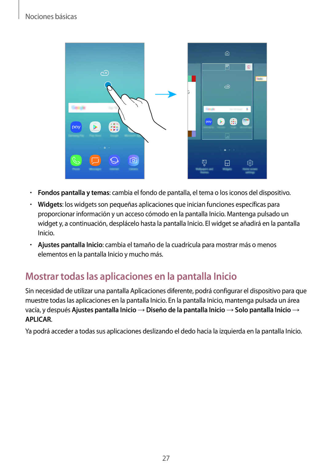 Samsung SM-J730FZKDPHE, SM-J730FZKAATL, SM-J730FZSDPHE manual Mostrar todas las aplicaciones en la pantalla Inicio, Aplicar 