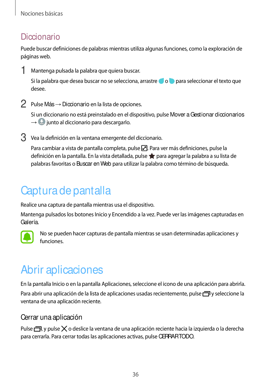 Samsung SM-J730FZKAATL, SM-J730FZSDPHE manual Captura de pantalla, Abrir aplicaciones, Diccionario, Cerrar una aplicación 