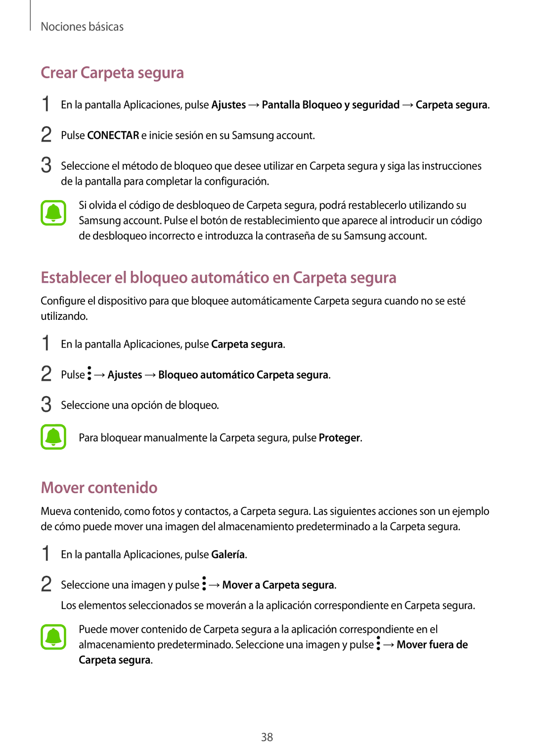 Samsung SM-J730FZDDPHE manual Crear Carpeta segura, Establecer el bloqueo automático en Carpeta segura, Mover contenido 