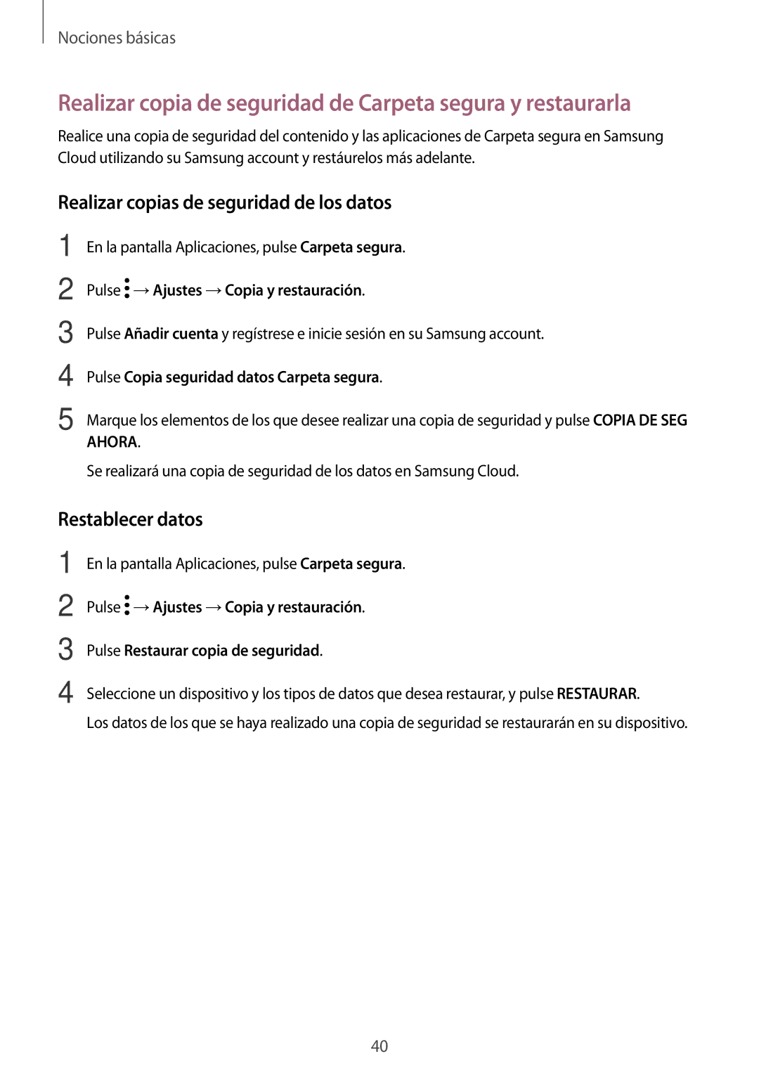 Samsung SM-J730FZKAATL, SM-J730FZSDPHE manual Realizar copia de seguridad de Carpeta segura y restaurarla, Restablecer datos 