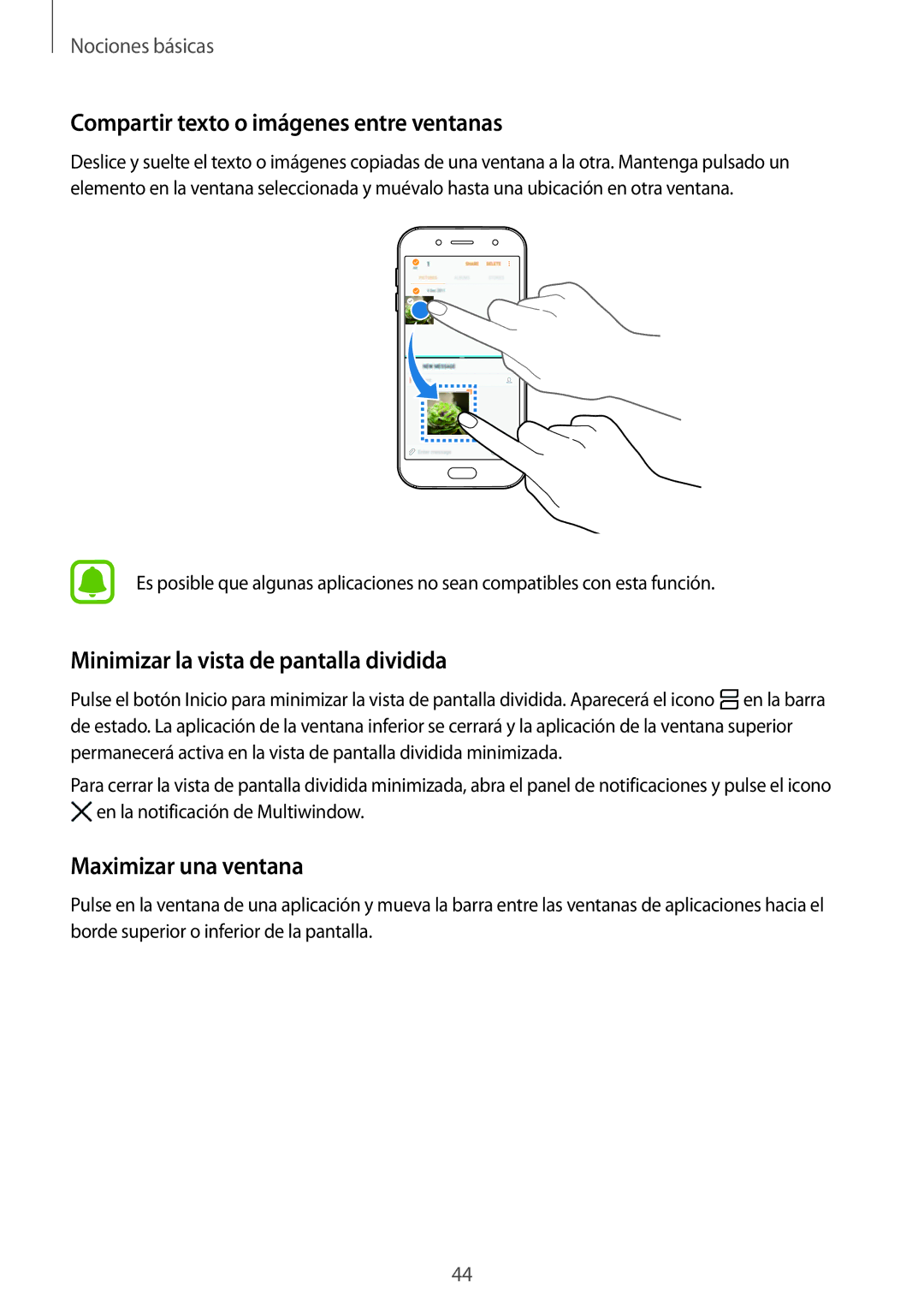 Samsung SM-J730FZKAATL, SM-J730FZSDPHE Compartir texto o imágenes entre ventanas, Minimizar la vista de pantalla dividida 