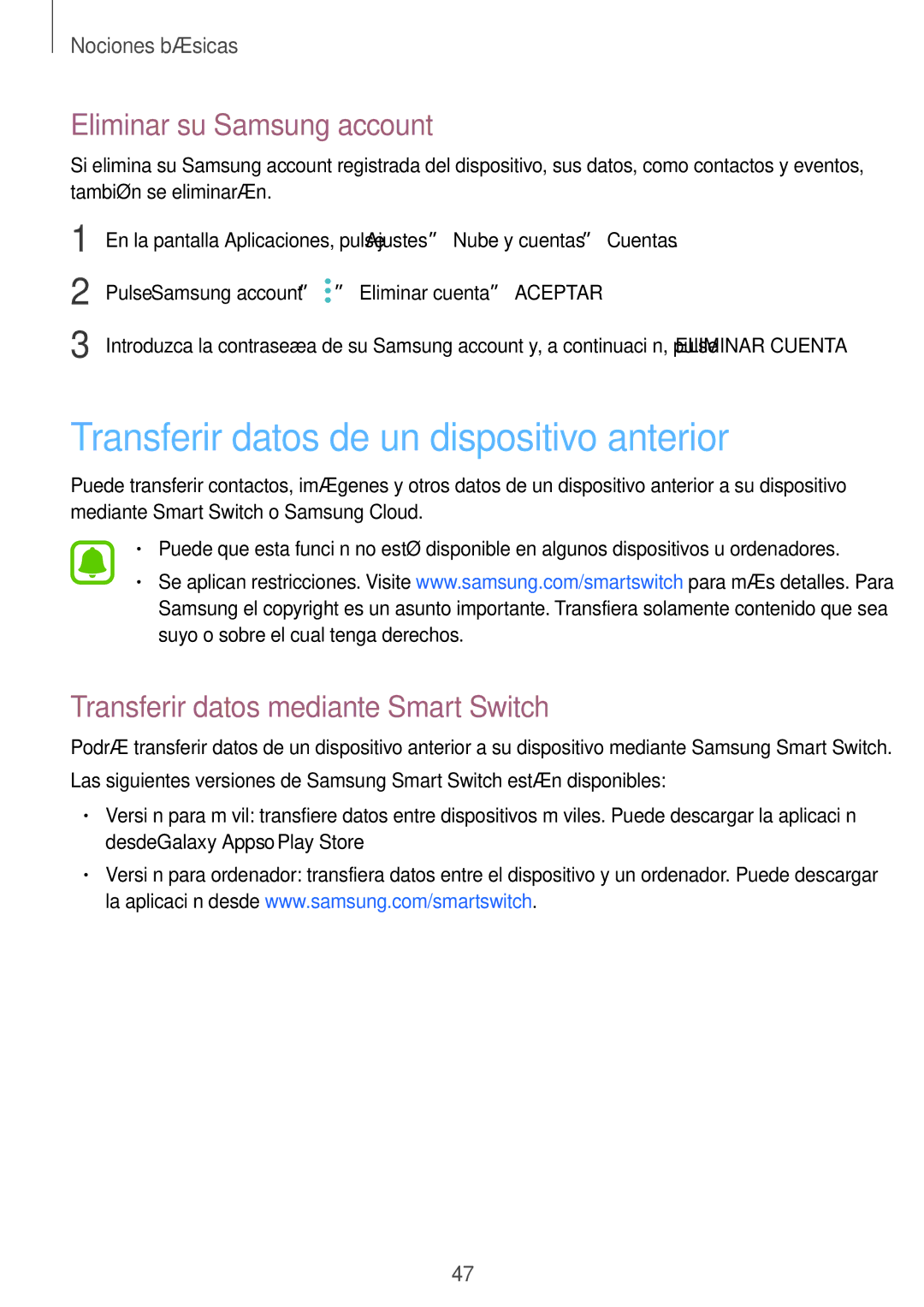 Samsung SM-J730FZKDPHE, SM-J730FZKAATL manual Transferir datos de un dispositivo anterior, Eliminar su Samsung account 