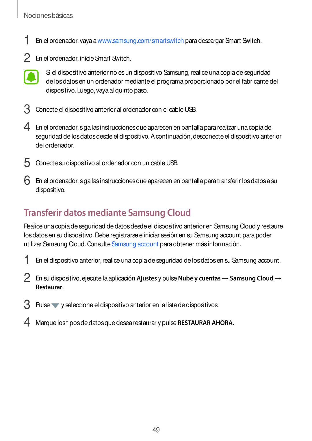 Samsung SM-J730FZSDPHE, SM-J730FZKAATL, SM-J730FZDDPHE, SM-J730FZKDPHE manual Transferir datos mediante Samsung Cloud 