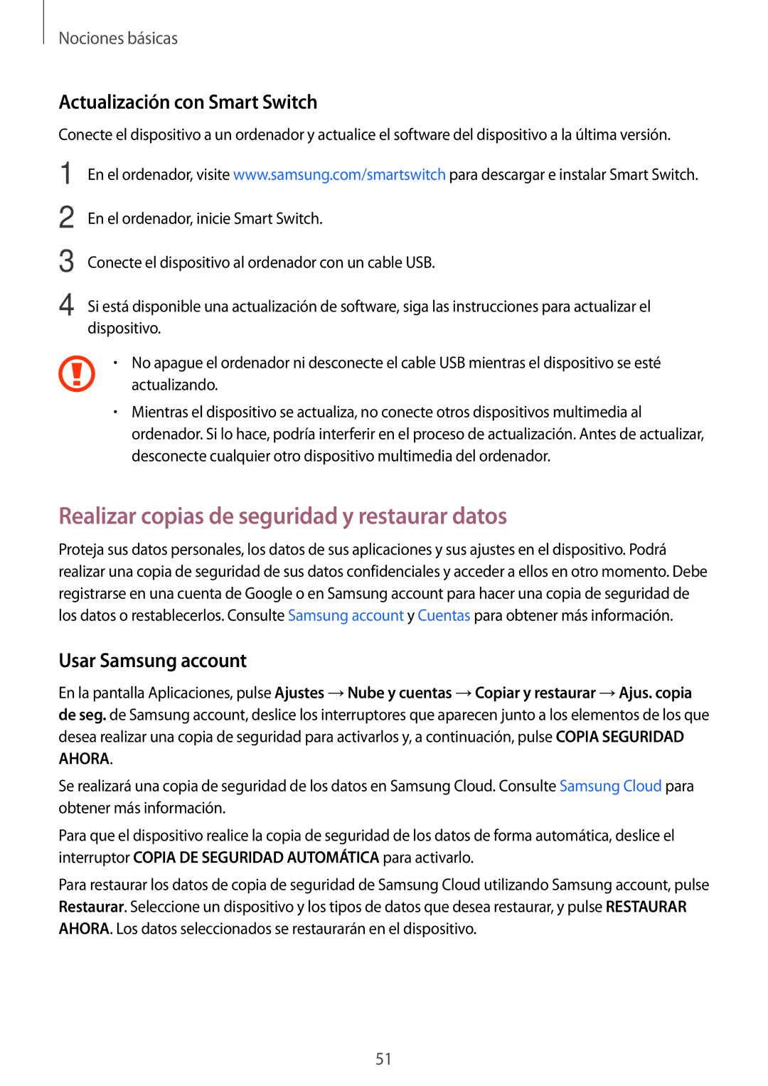 Samsung SM-J730FZKDPHE, SM-J730FZKAATL manual Realizar copias de seguridad y restaurar datos, Actualización con Smart Switch 