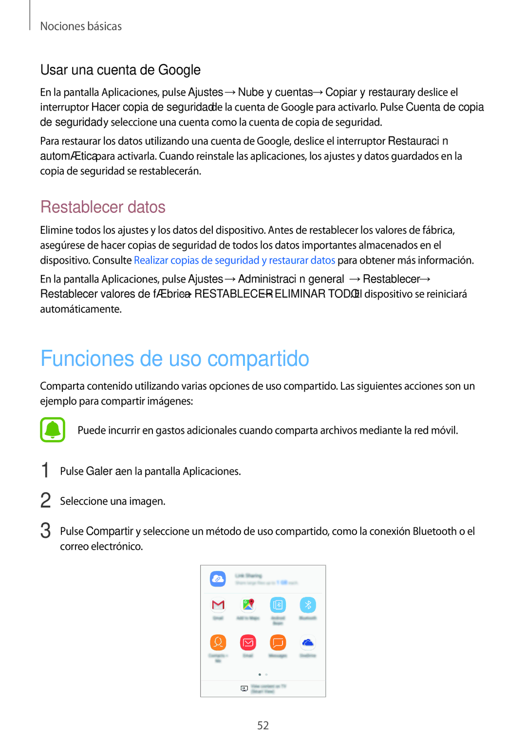 Samsung SM-J730FZKAATL, SM-J730FZSDPHE manual Funciones de uso compartido, Restablecer datos, Usar una cuenta de Google 