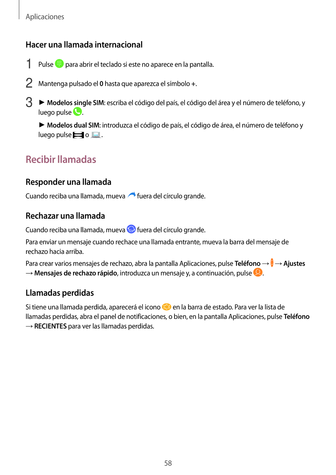 Samsung SM-J730FZDDPHE Recibir llamadas, Hacer una llamada internacional, Responder una llamada, Rechazar una llamada 