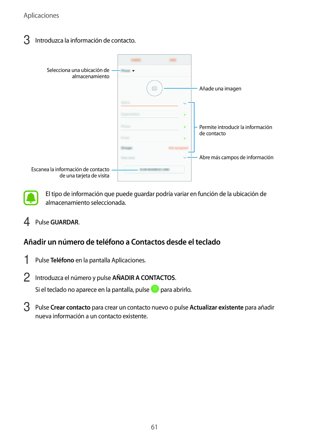 Samsung SM-J730FZSDPHE Añadir un número de teléfono a Contactos desde el teclado, Introduzca la información de contacto 