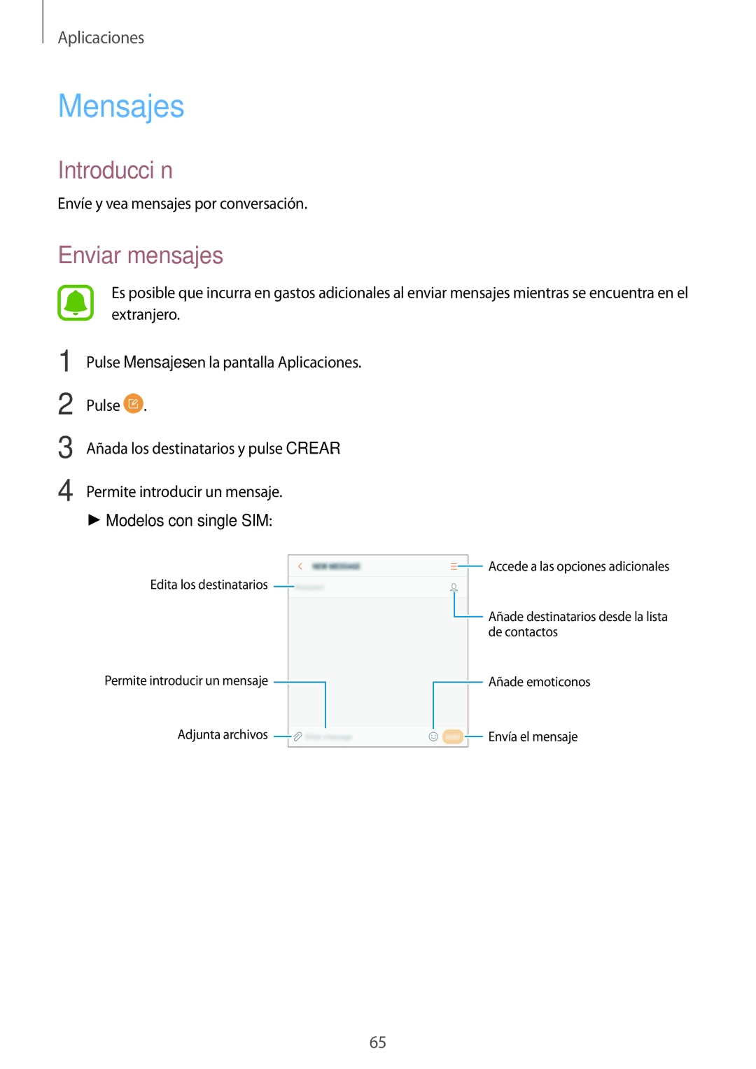 Samsung SM-J730FZSDPHE, SM-J730FZKAATL, SM-J730FZDDPHE, SM-J730FZKDPHE Mensajes, Enviar mensajes, Modelos con single SIM 