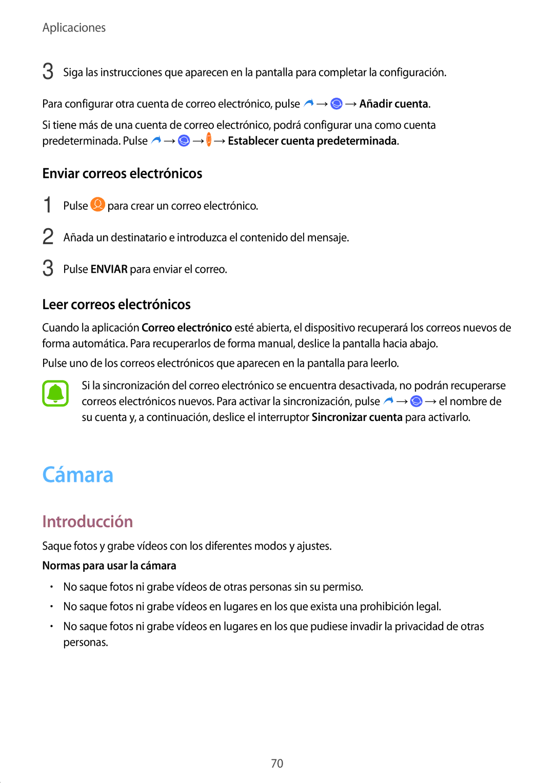 Samsung SM-J730FZDDPHE manual Cámara, Enviar correos electrónicos, Leer correos electrónicos, Normas para usar la cámara 