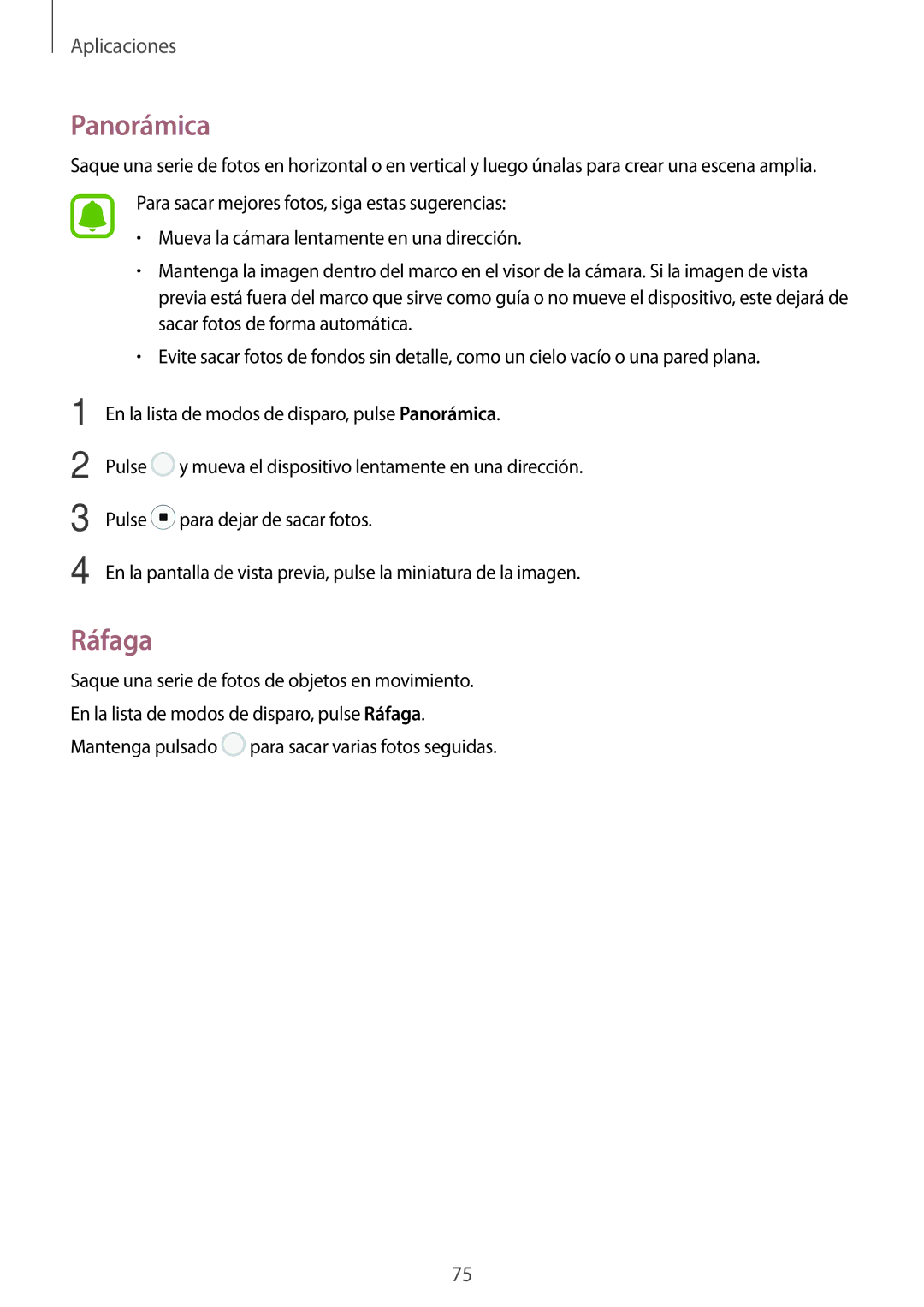 Samsung SM-J730FZKDPHE, SM-J730FZKAATL, SM-J730FZSDPHE, SM-J730FZDDPHE manual Panorámica, Ráfaga 