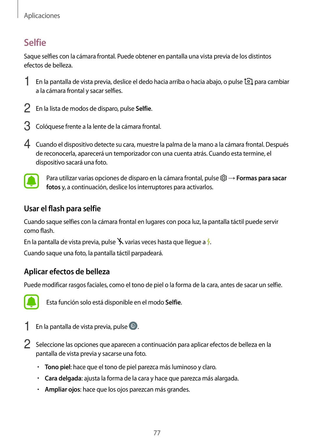 Samsung SM-J730FZSDPHE, SM-J730FZKAATL, SM-J730FZDDPHE manual Selfie, Usar el flash para selfie, Aplicar efectos de belleza 