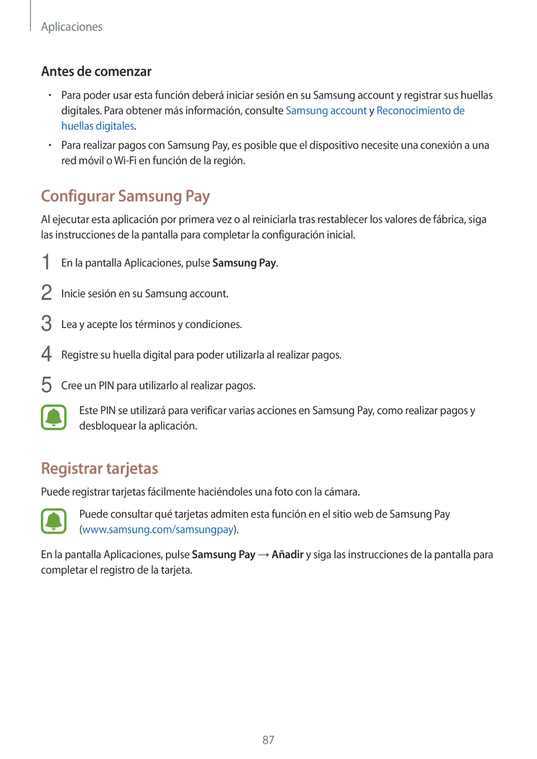 Samsung SM-J730FZKDPHE, SM-J730FZKAATL, SM-J730FZSDPHE manual Configurar Samsung Pay, Registrar tarjetas, Antes de comenzar 