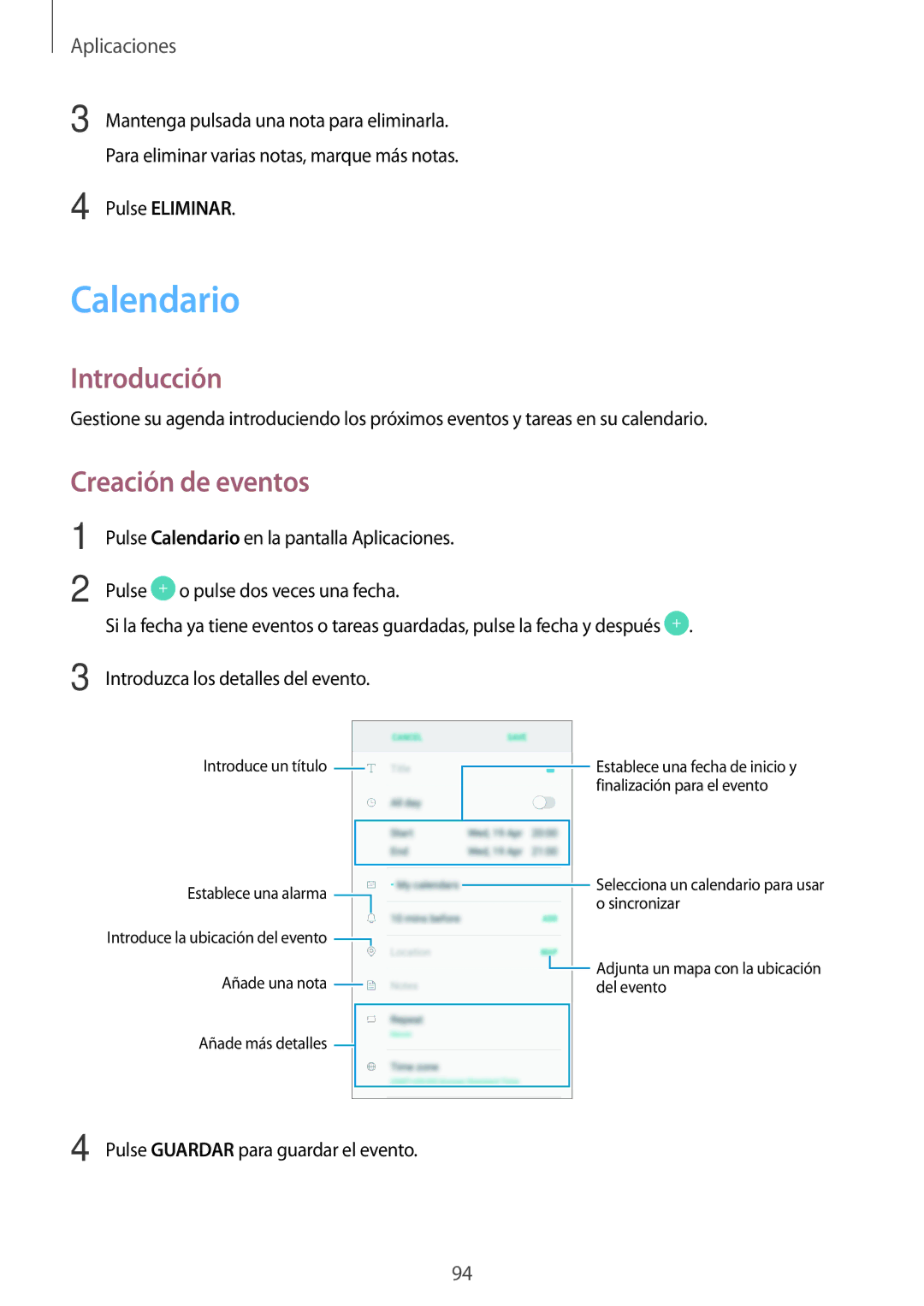 Samsung SM-J730FZDDPHE, SM-J730FZKAATL, SM-J730FZSDPHE, SM-J730FZKDPHE manual Calendario, Creación de eventos 