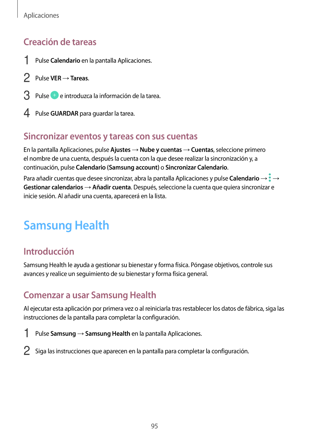 Samsung SM-J730FZKDPHE Samsung Health, Creación de tareas, Sincronizar eventos y tareas con sus cuentas, Pulse VER →Tareas 