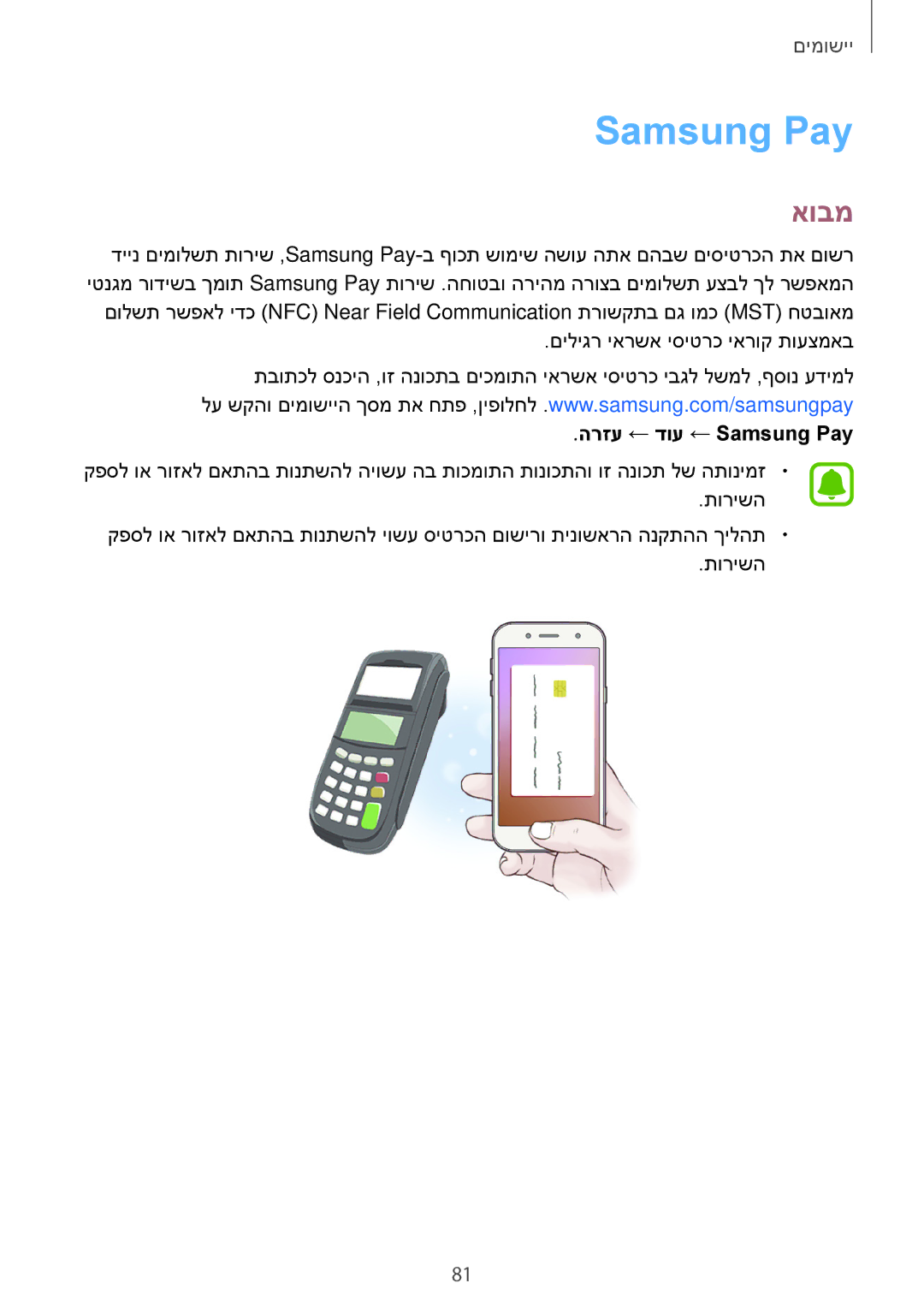 Samsung SM-J730FZKDSEE, SM-J730FZDDSEE, SM-J530FZDAILO, SM-J530FZKAILO, SM-J730FZDAILO manual הרזע ← דוע ← Samsung Pay 