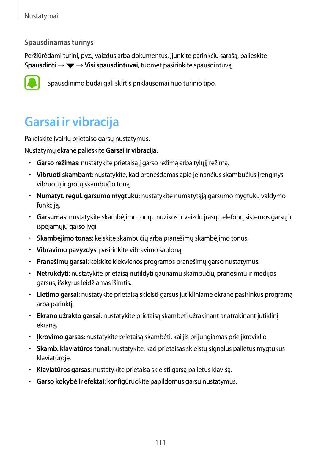 Samsung SM-J530FZKDSEB, SM-J730FZSDSEB, SM-J730FZKDSEB, SM-J530FZSDSEB manual Garsai ir vibracija, Spausdinamas turinys 