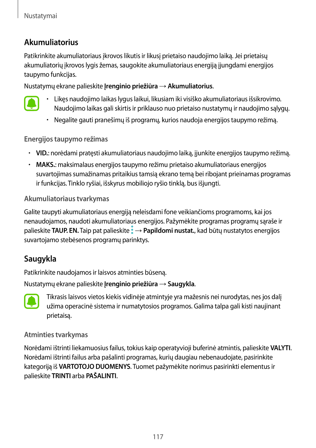 Samsung SM-J530FZKDSEB, SM-J730FZSDSEB, SM-J730FZKDSEB, SM-J530FZSDSEB, SM-J530FZDDSEB manual Akumuliatorius, Saugykla 