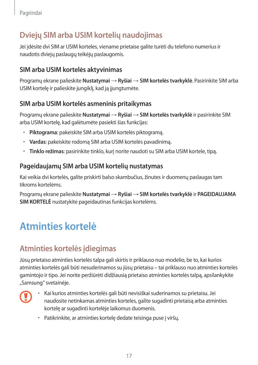 Samsung SM-J730FZDDSEB, SM-J730FZSDSEB manual Dviejų SIM arba Usim kortelių naudojimas, Atminties kortelės įdiegimas 