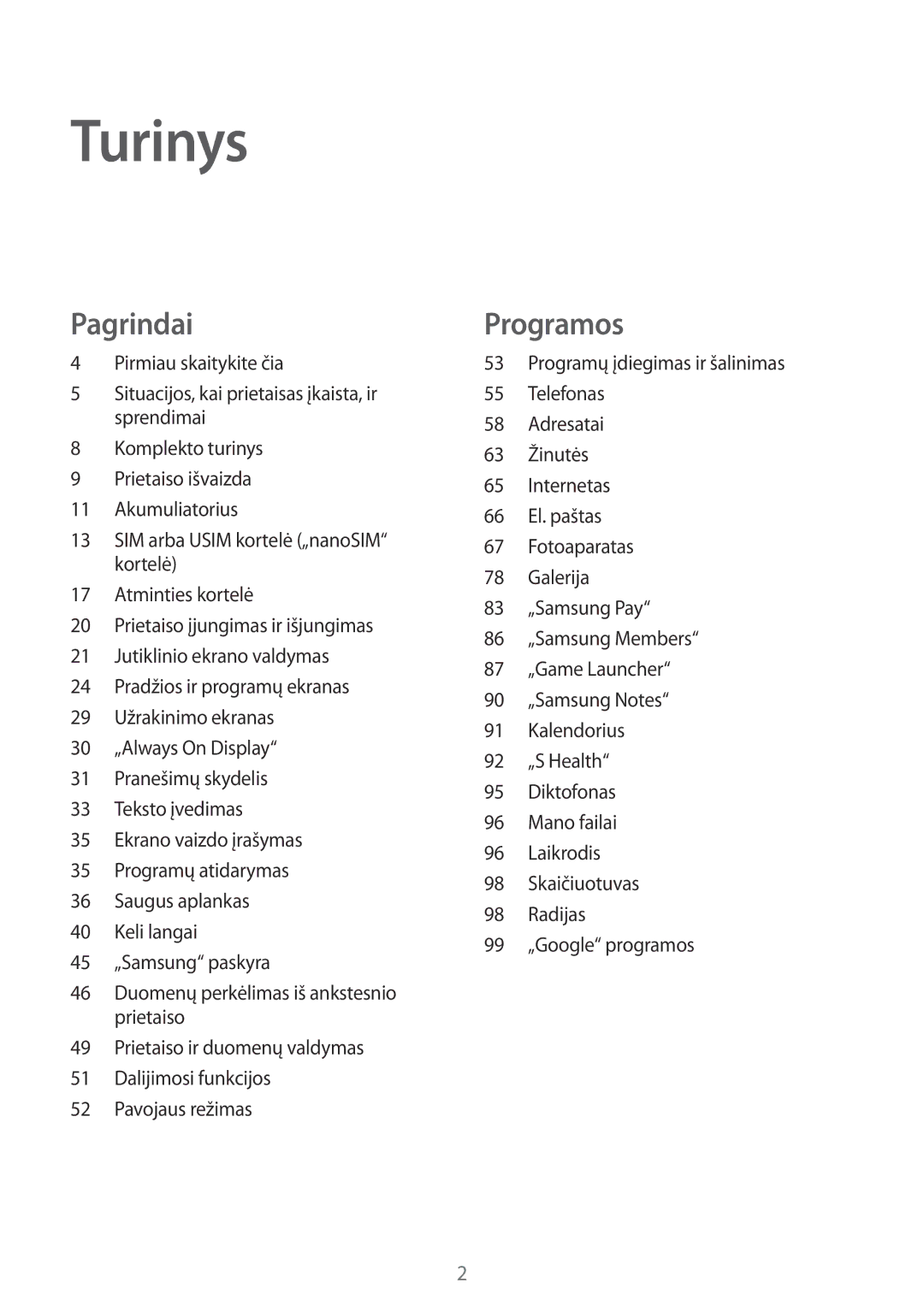 Samsung SM-J530FZSDSEB, SM-J730FZSDSEB, SM-J730FZKDSEB, SM-J530FZKDSEB, SM-J530FZDDSEB, SM-J730FZDDSEB manual Turinys 