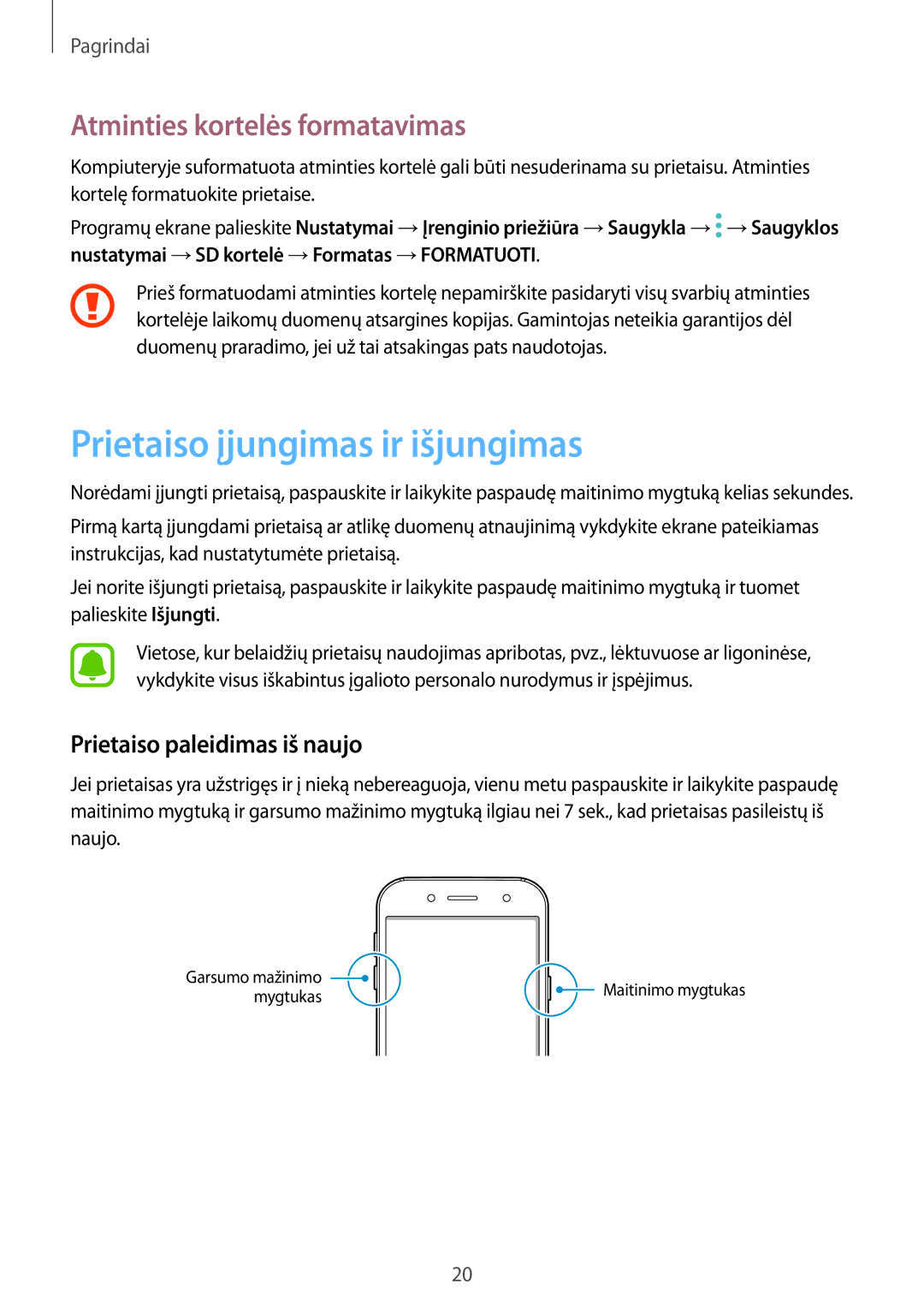 Samsung SM-J530FZSDSEB Prietaiso įjungimas ir išjungimas, Atminties kortelės formatavimas, Prietaiso paleidimas iš naujo 