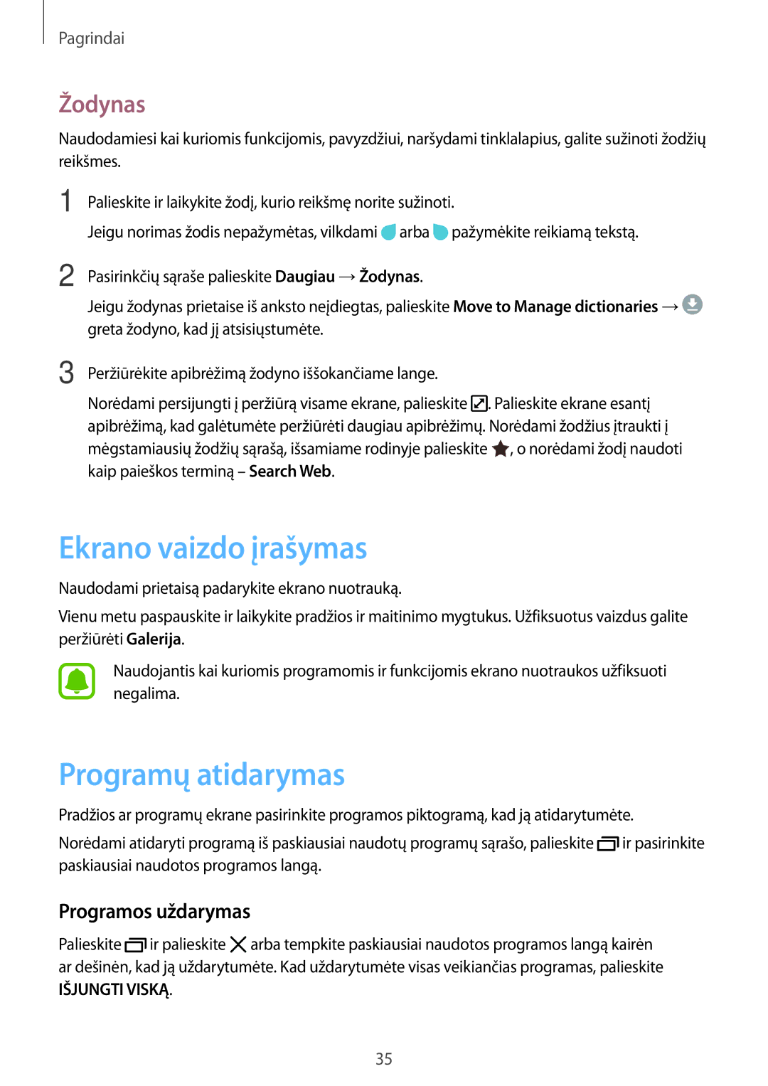 Samsung SM-J730FZDDSEB, SM-J730FZSDSEB manual Ekrano vaizdo įrašymas, Programų atidarymas, Žodynas, Programos uždarymas 