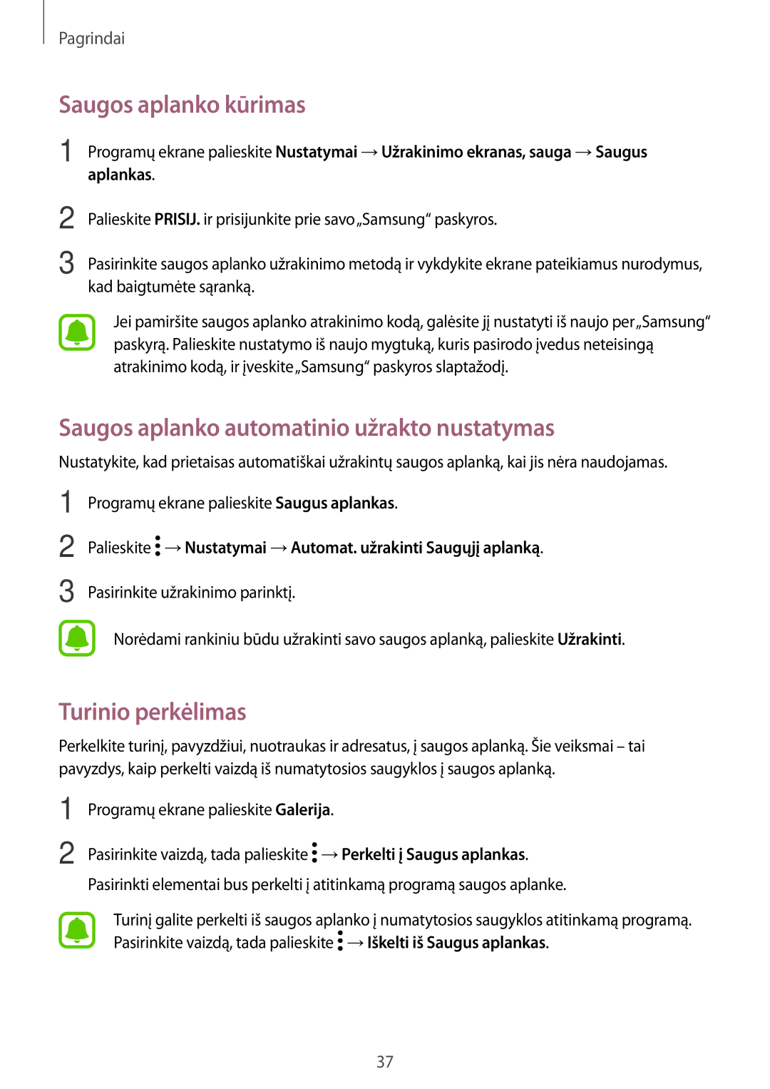 Samsung SM-J730FZKDSEB manual Saugos aplanko kūrimas, Saugos aplanko automatinio užrakto nustatymas, Turinio perkėlimas 