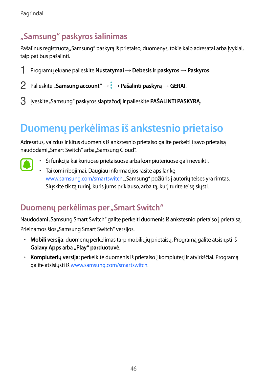 Samsung SM-J530FZDDSEB, SM-J730FZSDSEB manual Duomenų perkėlimas iš ankstesnio prietaiso, „Samsung paskyros šalinimas 