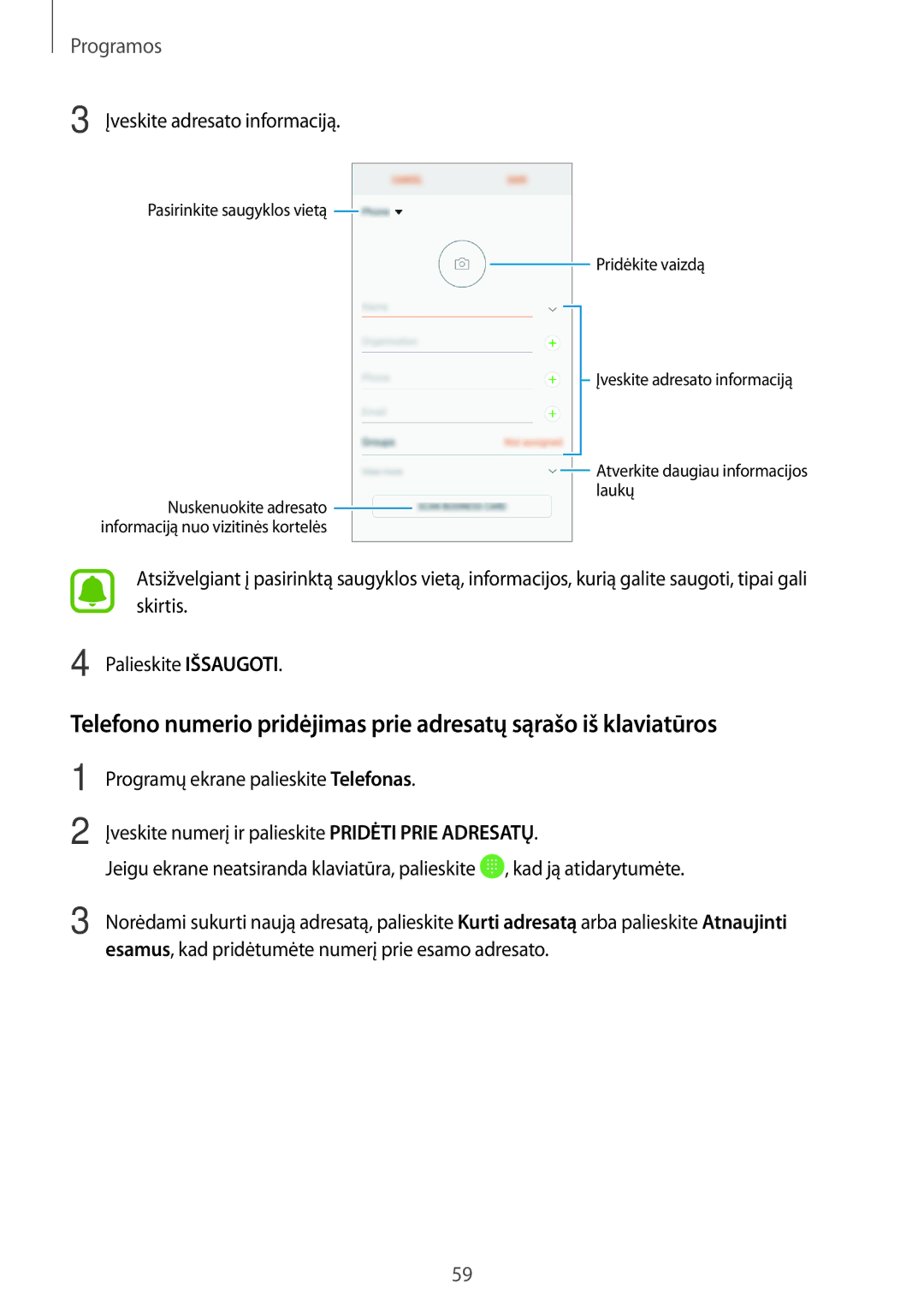 Samsung SM-J730FZDDSEB, SM-J730FZSDSEB, SM-J730FZKDSEB, SM-J530FZSDSEB, SM-J530FZKDSEB manual Įveskite adresato informaciją 