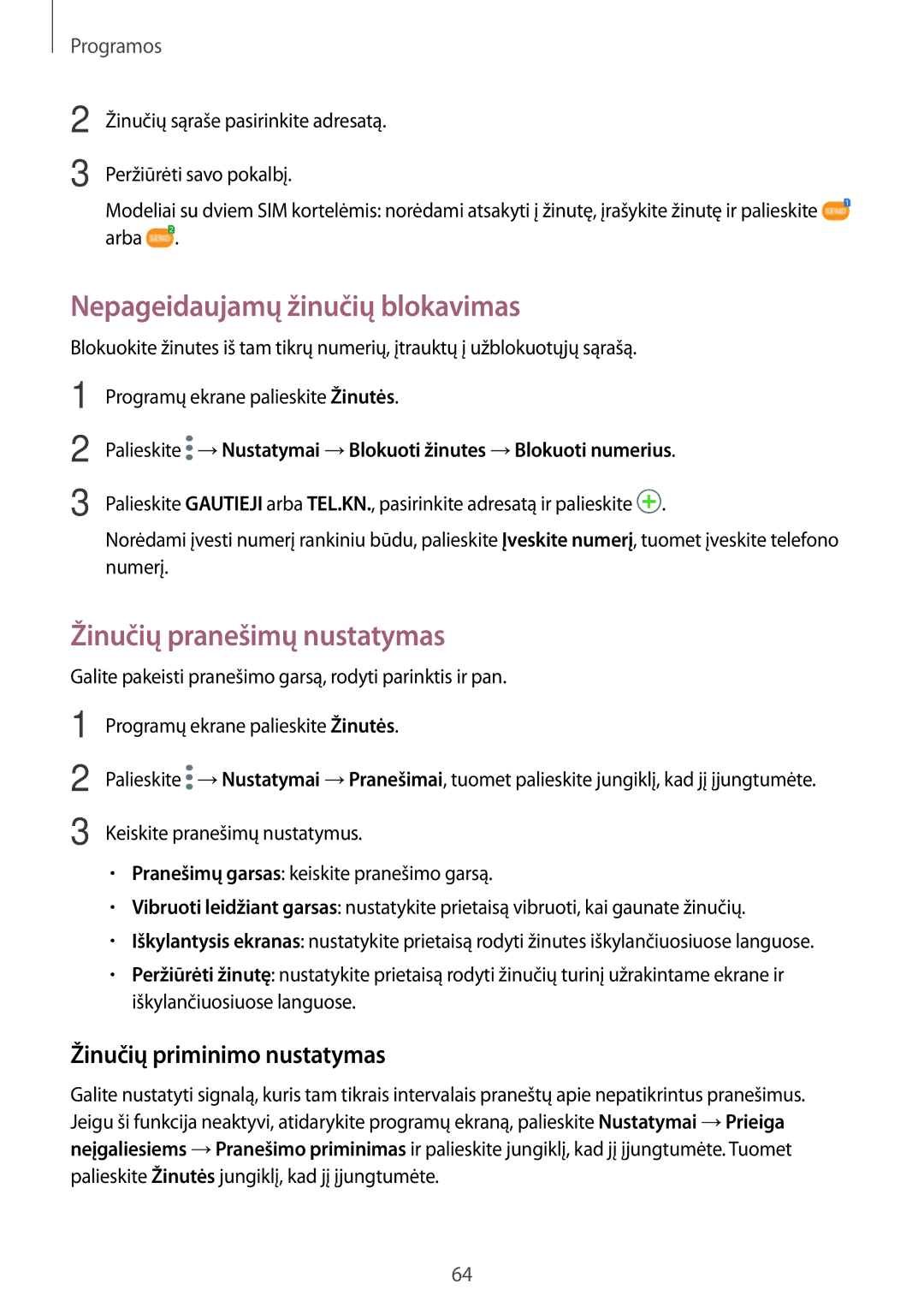 Samsung SM-J530FZDDSEB manual Nepageidaujamų žinučių blokavimas, Žinučių pranešimų nustatymas, Žinučių priminimo nustatymas 