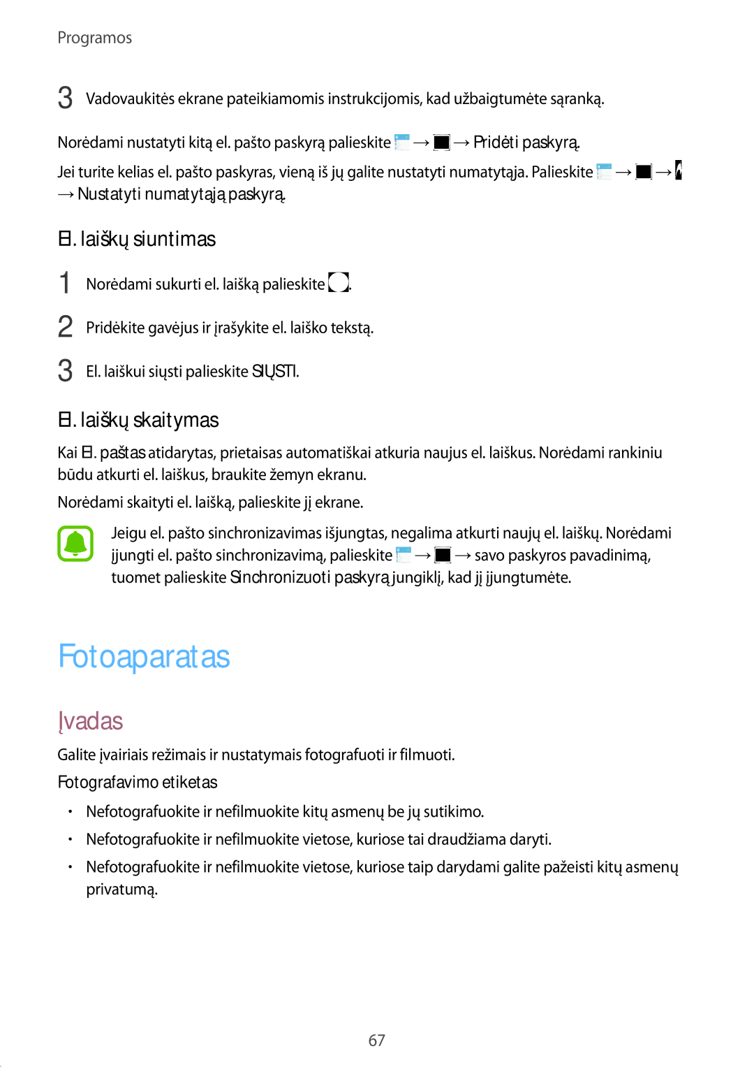 Samsung SM-J730FZKDSEB manual Fotoaparatas, El. laiškų siuntimas, El. laiškų skaitymas, → Nustatyti numatytąją paskyrą 