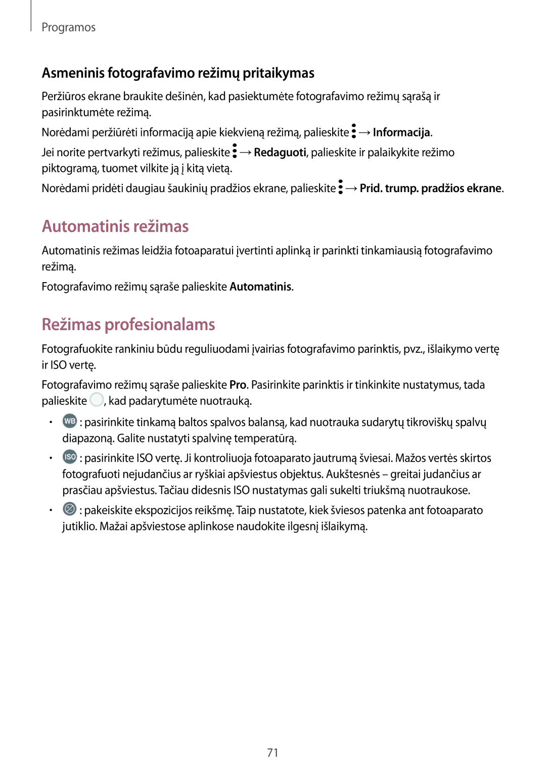 Samsung SM-J730FZDDSEB manual Automatinis režimas, Režimas profesionalams, Asmeninis fotografavimo režimų pritaikymas 