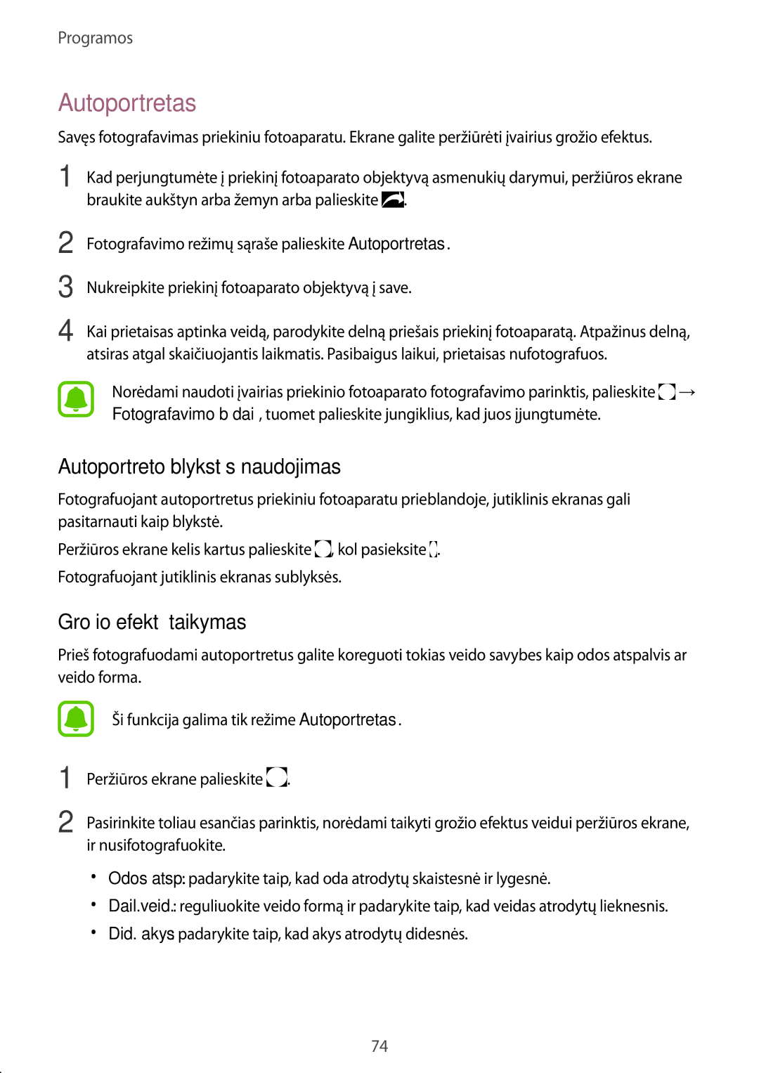 Samsung SM-J530FZSDSEB, SM-J730FZSDSEB manual Autoportretas, Autoportreto blykstės naudojimas, Grožio efektų taikymas 