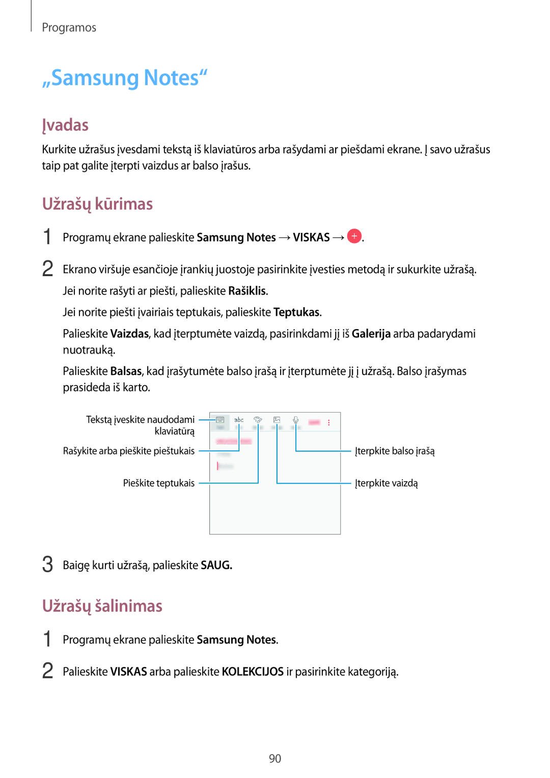 Samsung SM-J730FZSDSEB, SM-J730FZKDSEB, SM-J530FZSDSEB, SM-J530FZKDSEB manual „Samsung Notes, Užrašų kūrimas, Užrašų šalinimas 