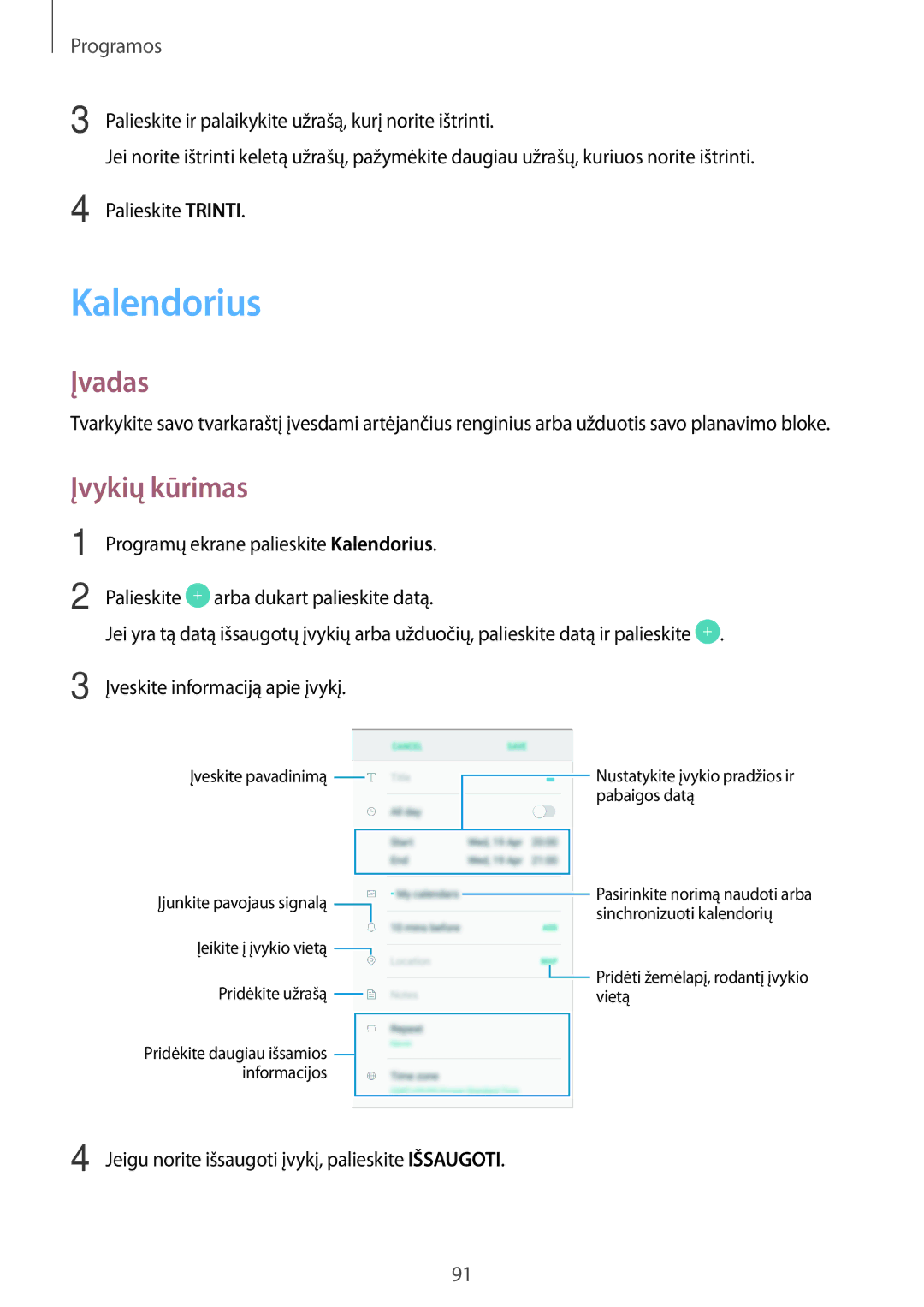 Samsung SM-J730FZKDSEB, SM-J730FZSDSEB, SM-J530FZSDSEB, SM-J530FZKDSEB, SM-J530FZDDSEB manual Kalendorius, Įvykių kūrimas 