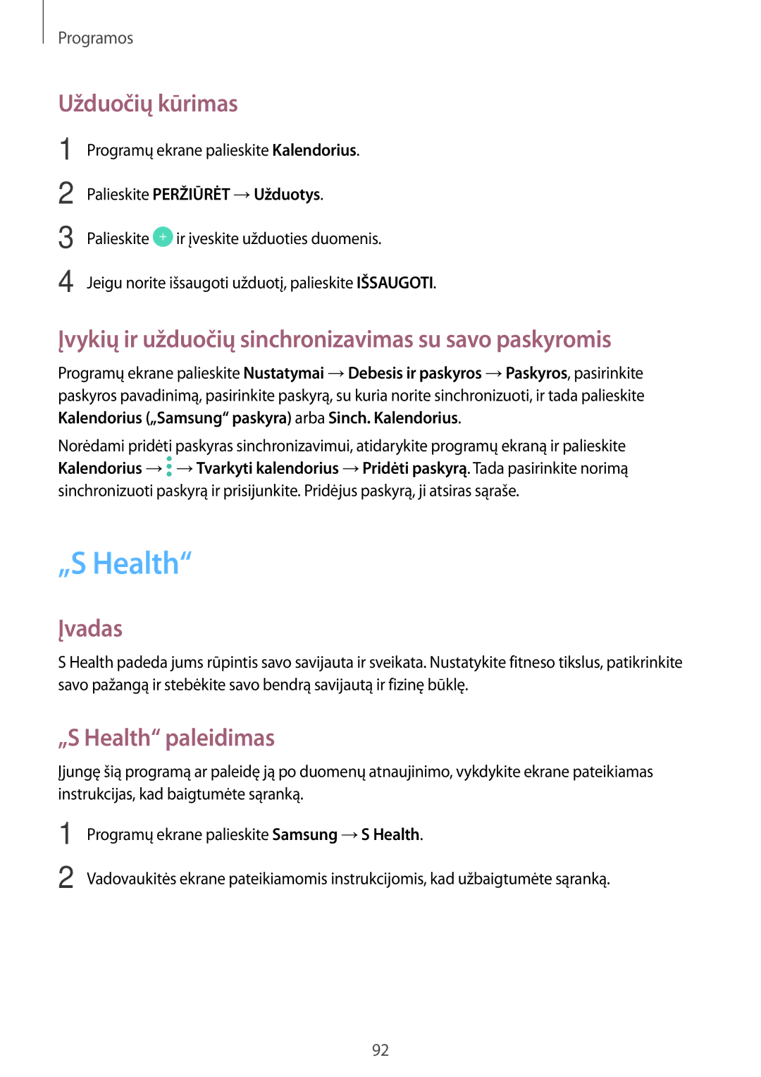 Samsung SM-J530FZSDSEB, SM-J730FZSDSEB „S Health, Užduočių kūrimas, Įvykių ir užduočių sinchronizavimas su savo paskyromis 