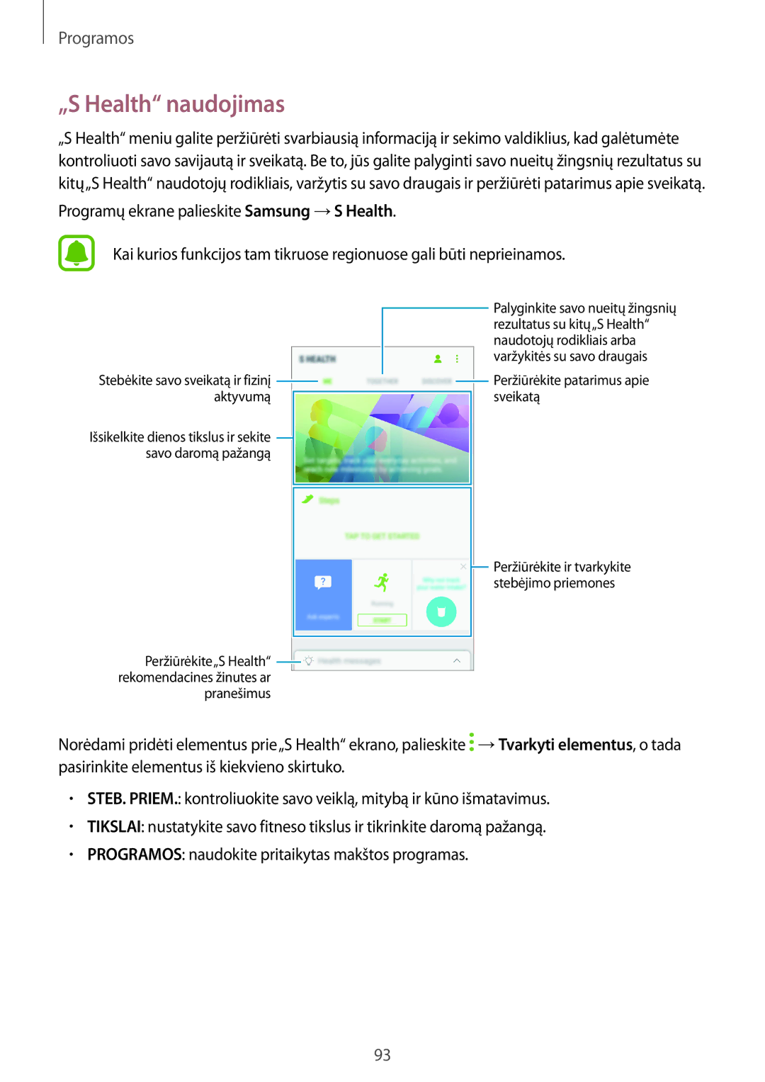 Samsung SM-J530FZKDSEB, SM-J730FZSDSEB, SM-J730FZKDSEB „S Health naudojimas, Stebėkite savo sveikatą ir fizinį aktyvumą 