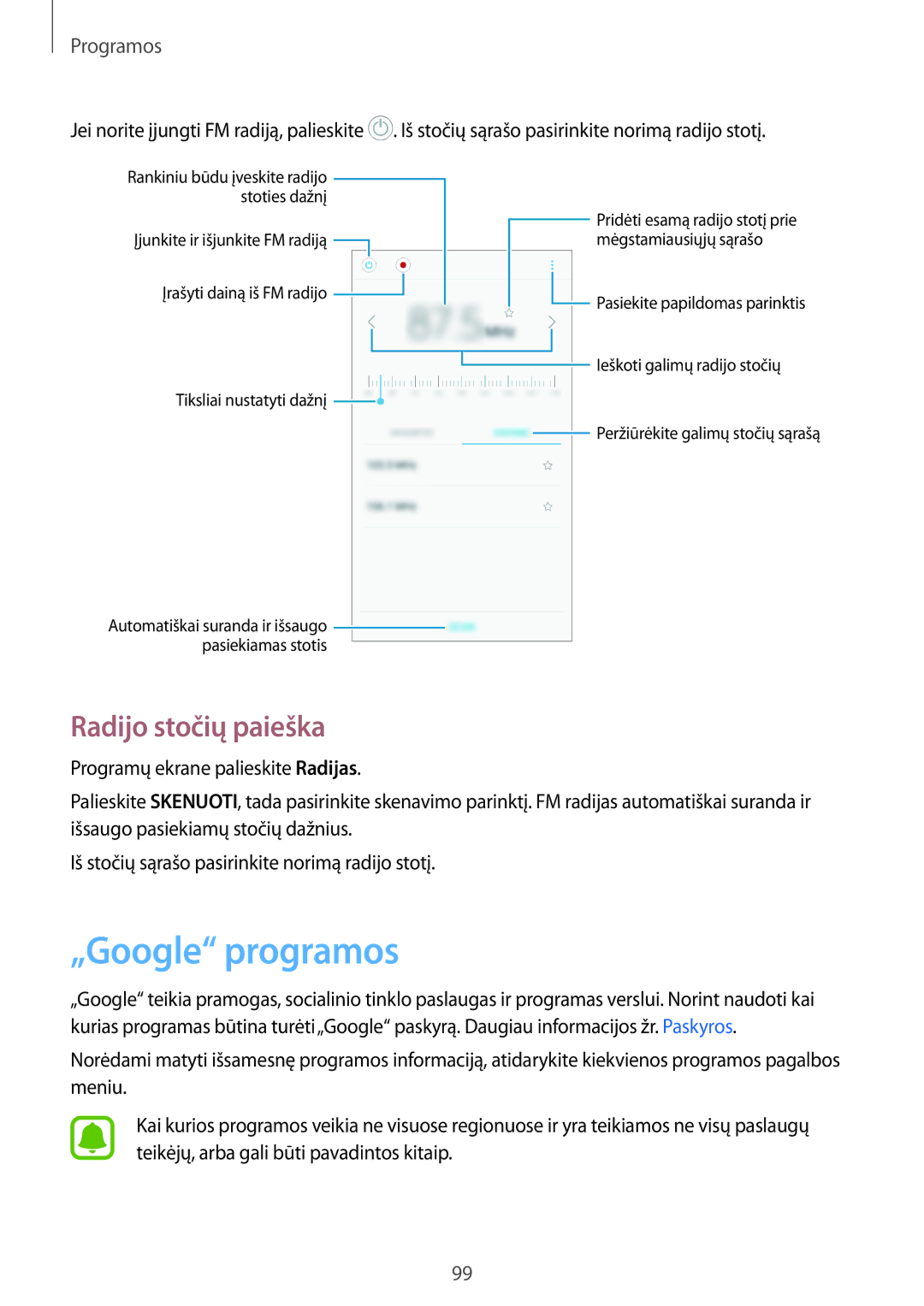 Samsung SM-J530FZKDSEB, SM-J730FZSDSEB, SM-J730FZKDSEB, SM-J530FZSDSEB manual „Google programos, Radijo stočių paieška 