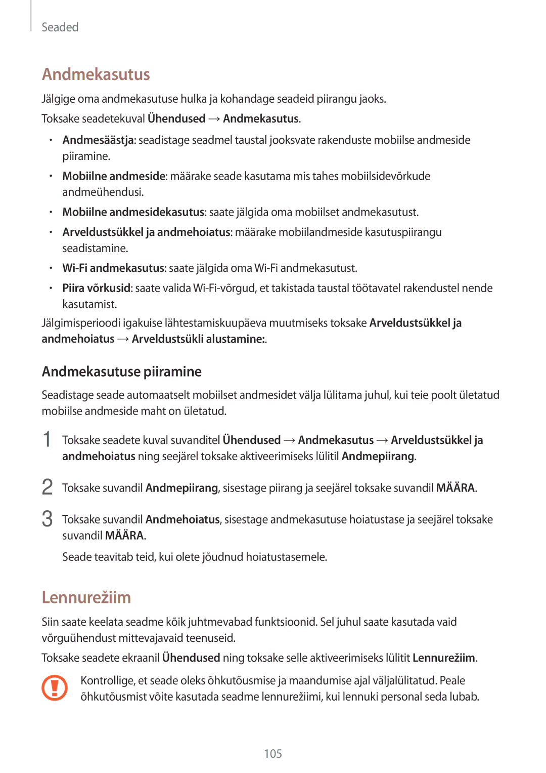 Samsung SM-J530FZKDSEB, SM-J730FZSDSEB, SM-J730FZKDSEB, SM-J530FZSDSEB manual Lennurežiim, Andmekasutuse piiramine 