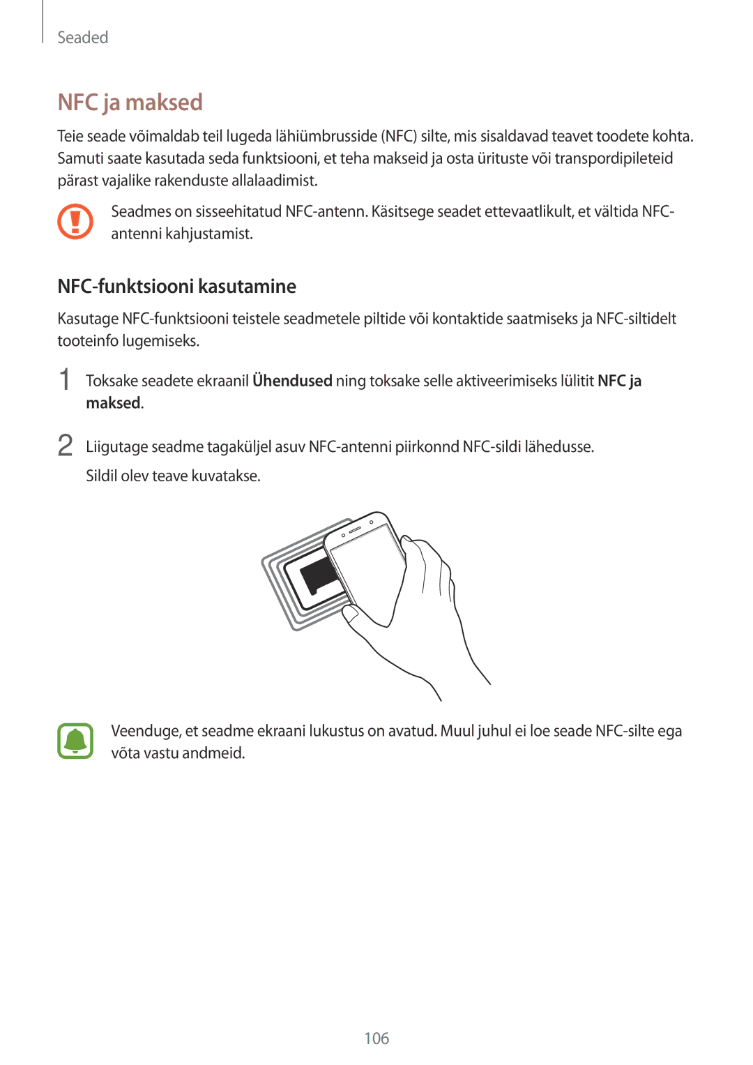 Samsung SM-J530FZDDSEB, SM-J730FZSDSEB manual NFC ja maksed, NFC-funktsiooni kasutamine, Maksed, Sildil olev teave kuvatakse 