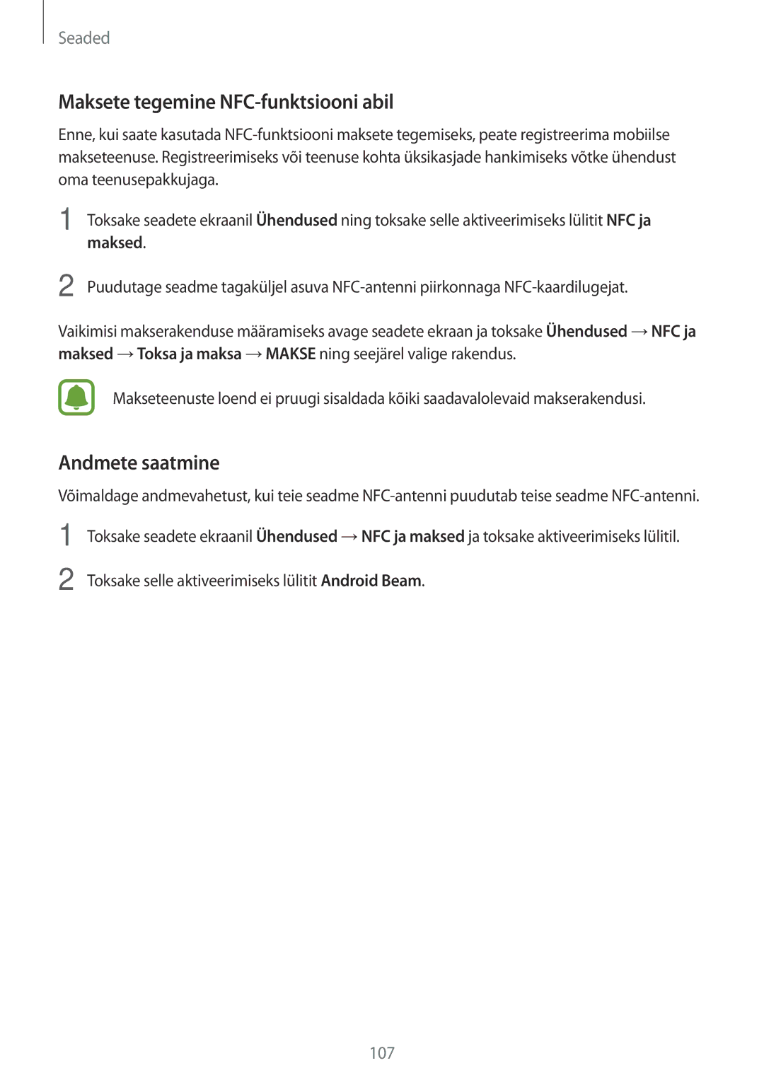 Samsung SM-J730FZDDSEB, SM-J730FZSDSEB, SM-J730FZKDSEB manual Maksete tegemine NFC-funktsiooni abil, Andmete saatmine 