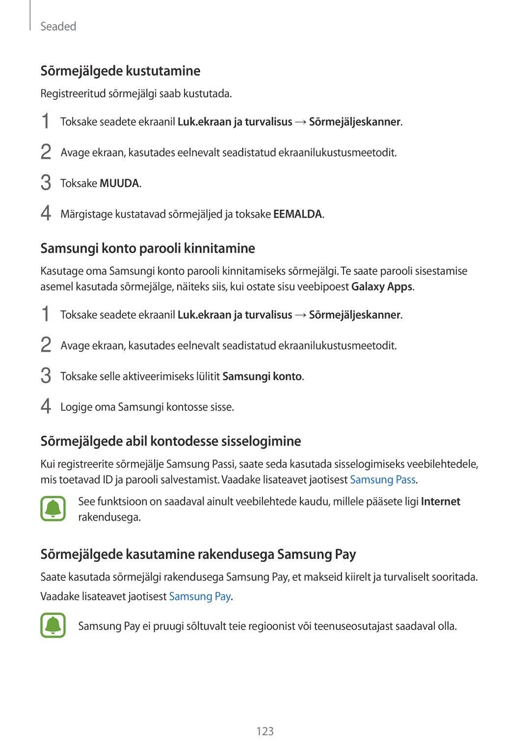 Samsung SM-J530FZKDSEB, SM-J730FZSDSEB, SM-J730FZKDSEB manual Sõrmejälgede kustutamine, Samsungi konto parooli kinnitamine 