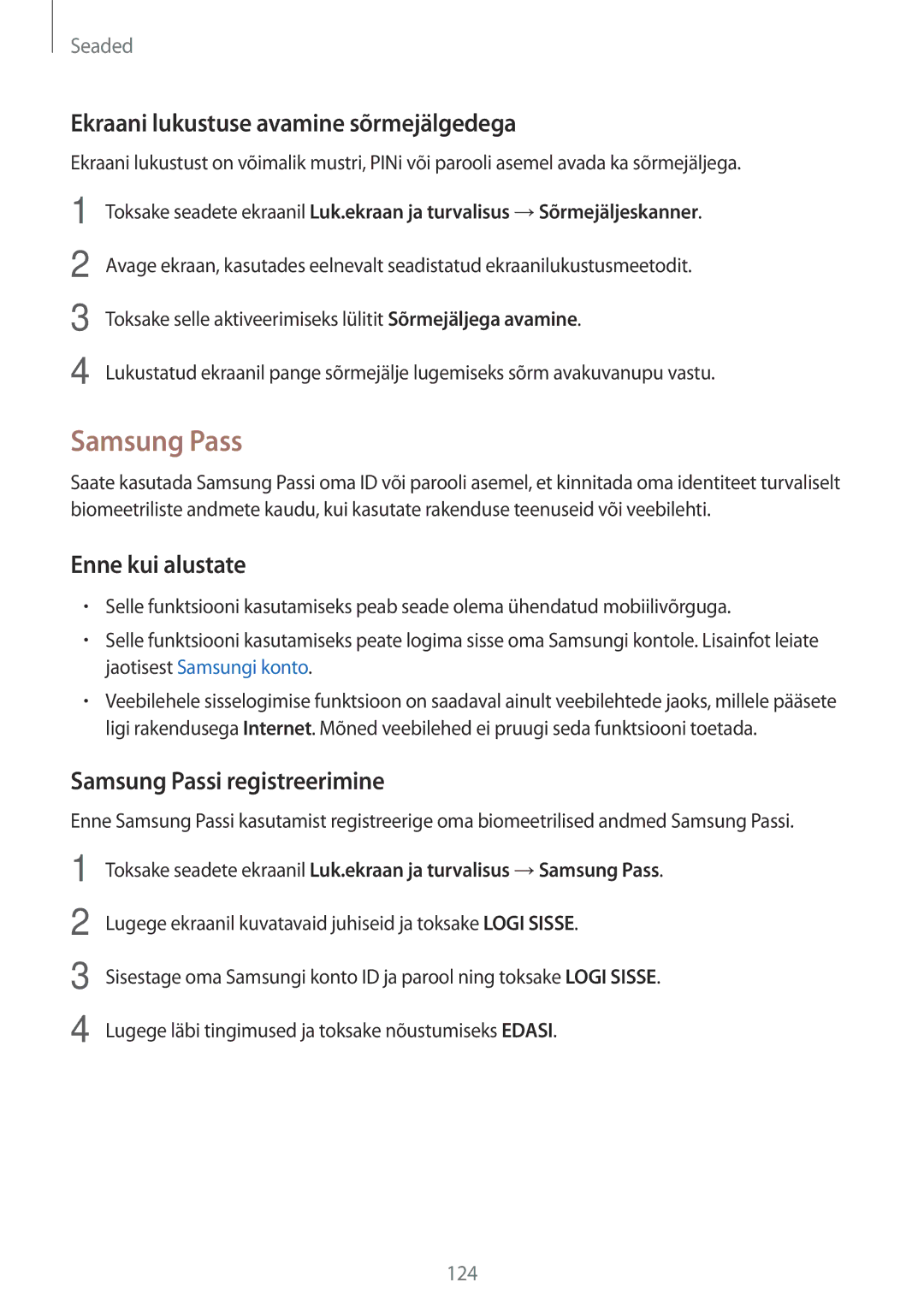 Samsung SM-J530FZDDSEB, SM-J730FZSDSEB manual Ekraani lukustuse avamine sõrmejälgedega, Samsung Passi registreerimine 