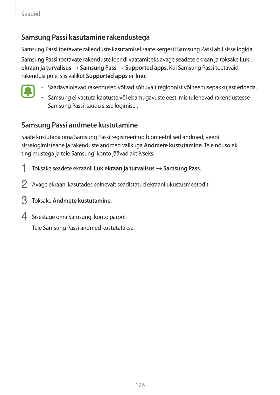 Samsung SM-J730FZSDSEB, SM-J730FZKDSEB manual Samsung Passi kasutamine rakendustega, Samsung Passi andmete kustutamine 