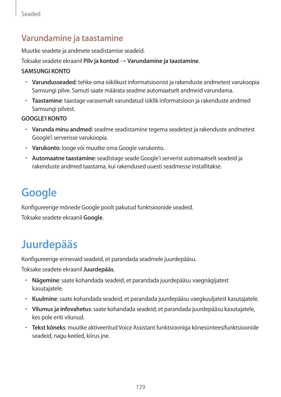 Samsung SM-J530FZKDSEB manual Google, Juurdepääs, Varundamine ja taastamine, Muutke seadete ja andmete seadistamise seadeid 