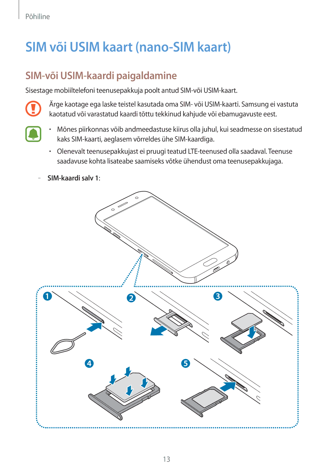 Samsung SM-J730FZKDSEB manual SIM või Usim kaart nano-SIM kaart, SIM-või USIM-kaardi paigaldamine, SIM-kaardi salv 