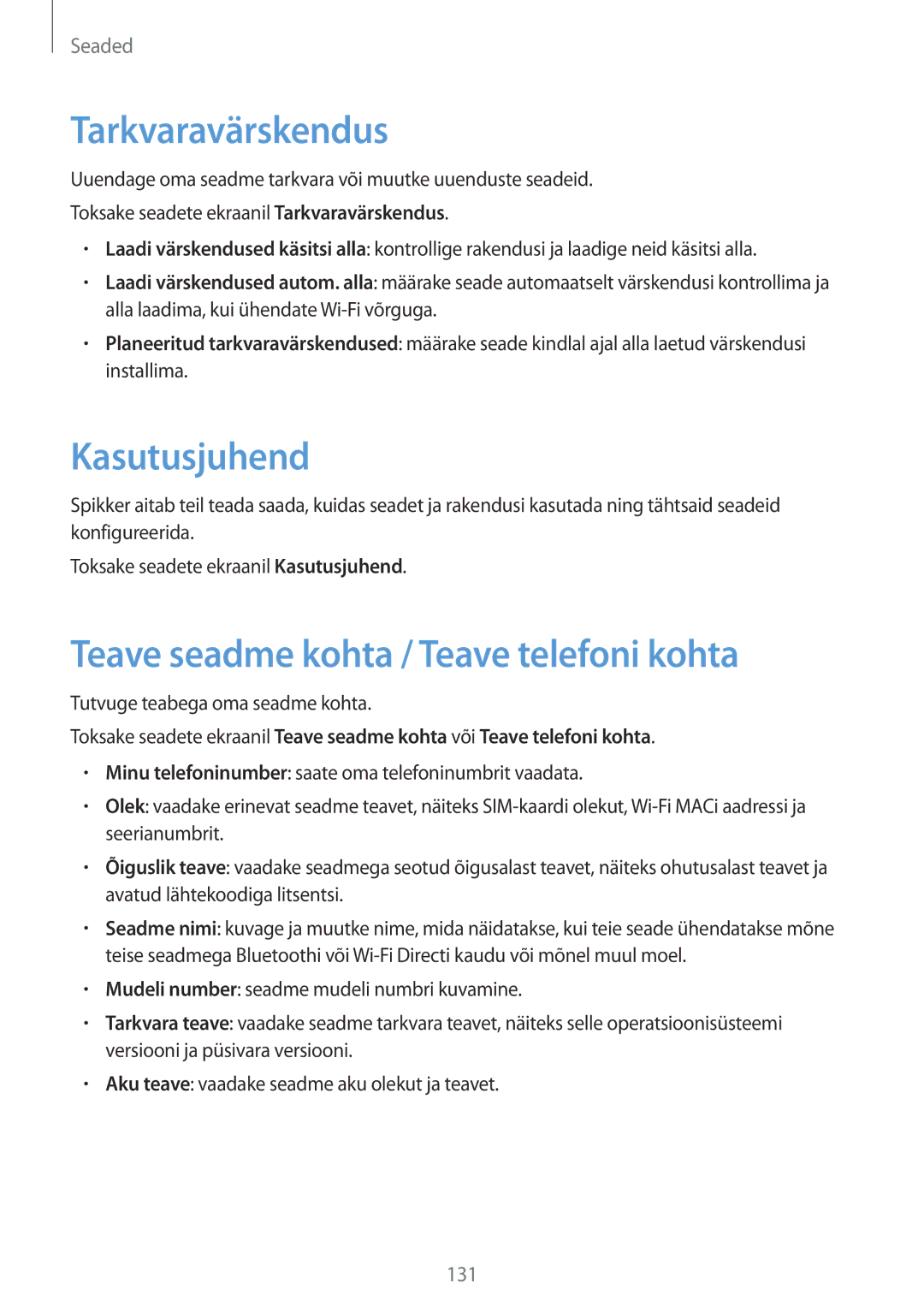 Samsung SM-J730FZDDSEB, SM-J730FZSDSEB manual Tarkvaravärskendus, Kasutusjuhend, Teave seadme kohta / Teave telefoni kohta 