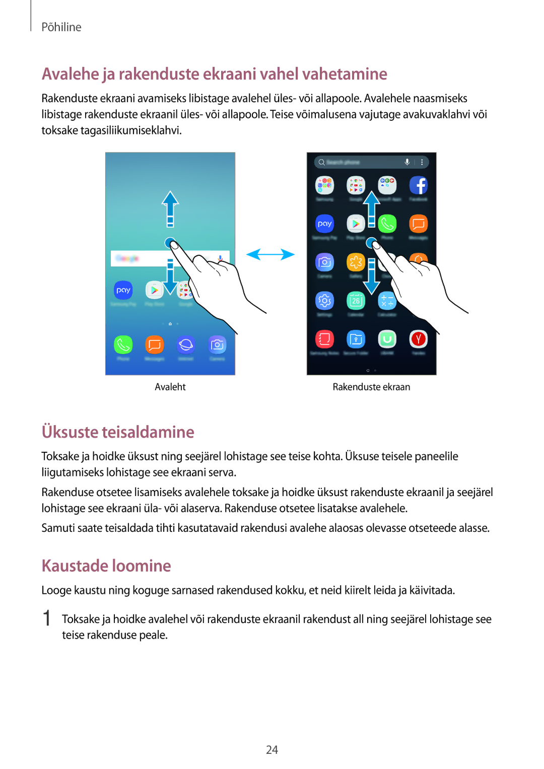 Samsung SM-J730FZSDSEB manual Avalehe ja rakenduste ekraani vahel vahetamine, Üksuste teisaldamine, Kaustade loomine 