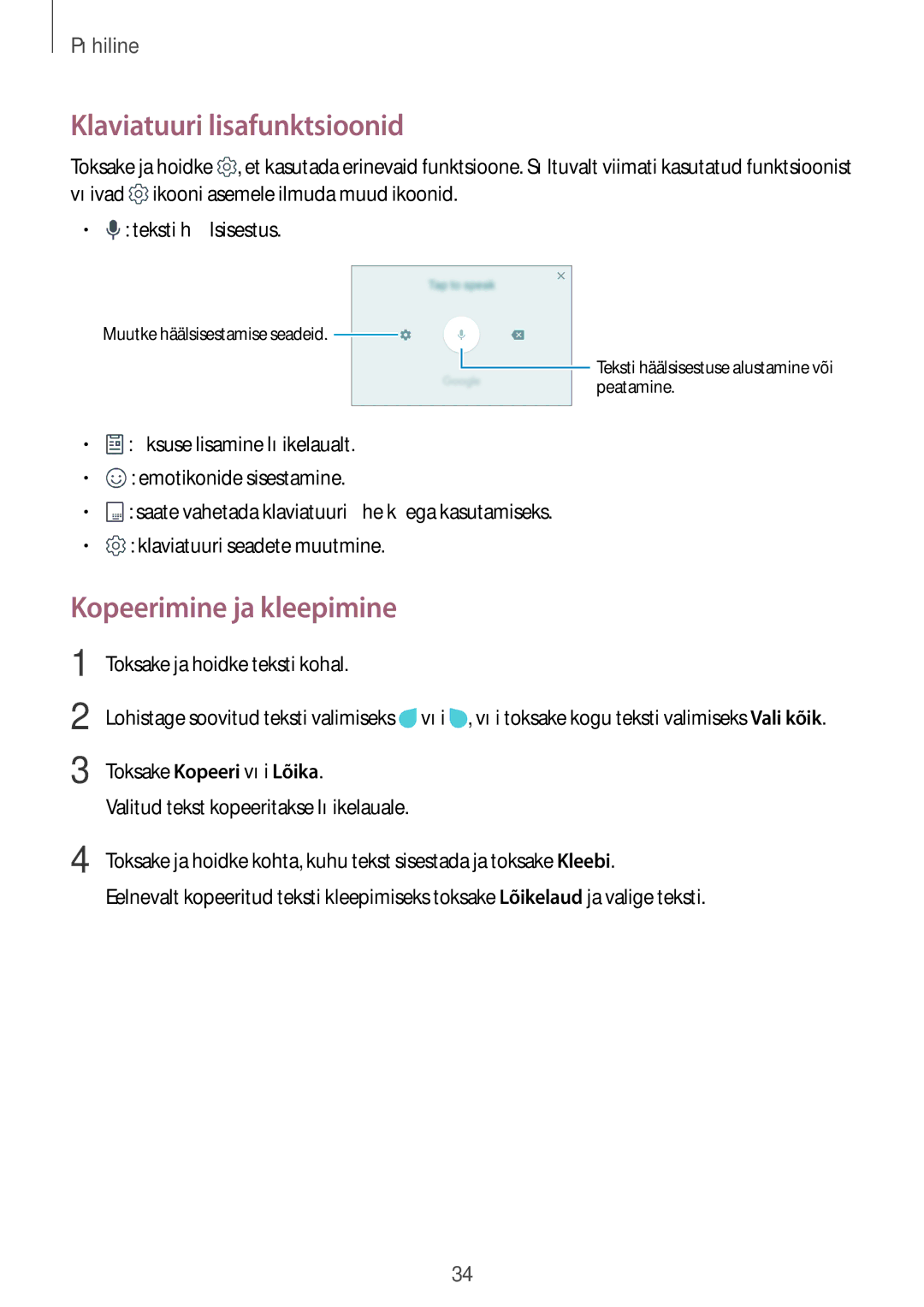 Samsung SM-J530FZDDSEB manual Klaviatuuri lisafunktsioonid, Kopeerimine ja kleepimine, Klaviatuuri seadete muutmine 