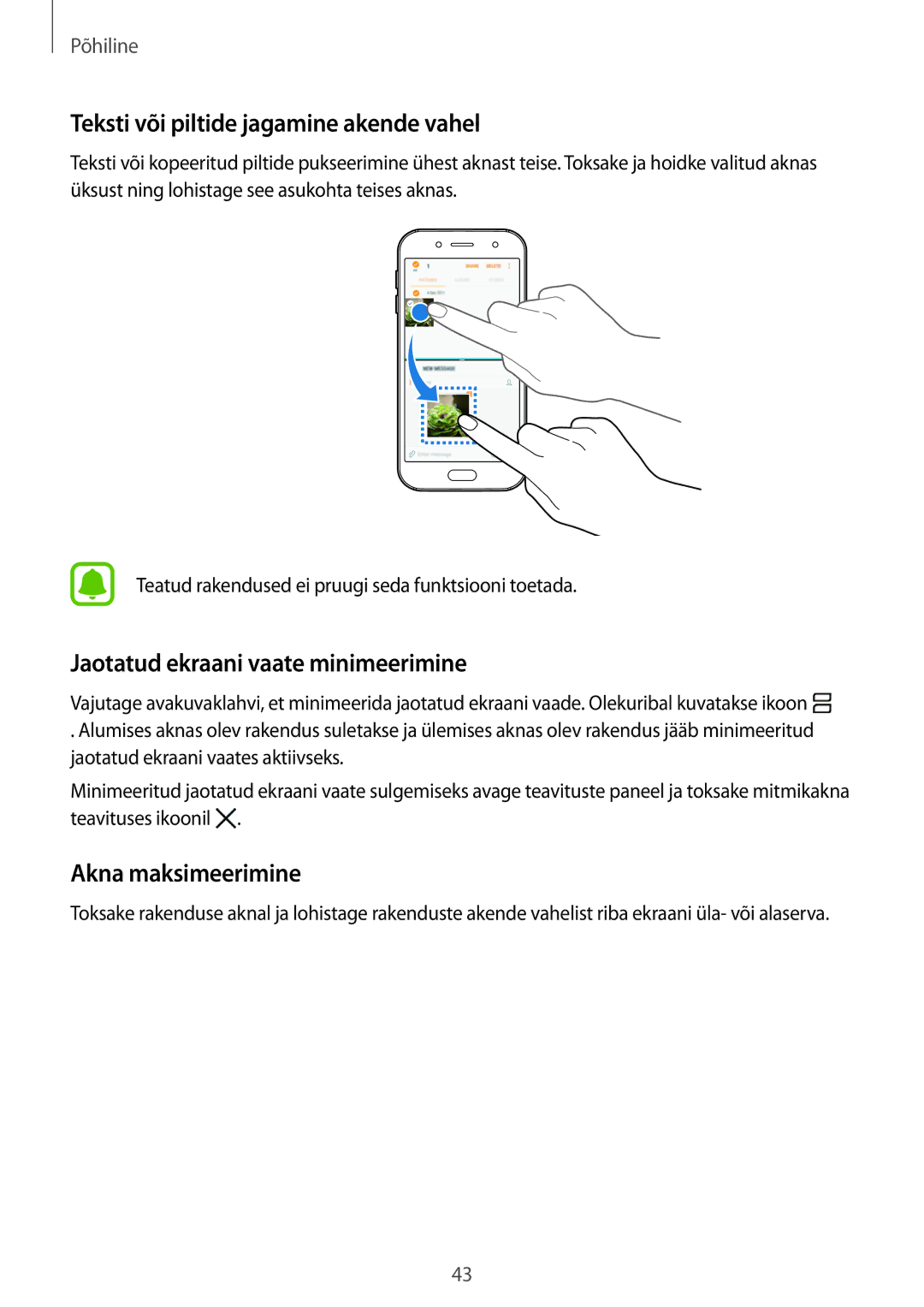 Samsung SM-J730FZKDSEB Teksti või piltide jagamine akende vahel, Jaotatud ekraani vaate minimeerimine, Akna maksimeerimine 